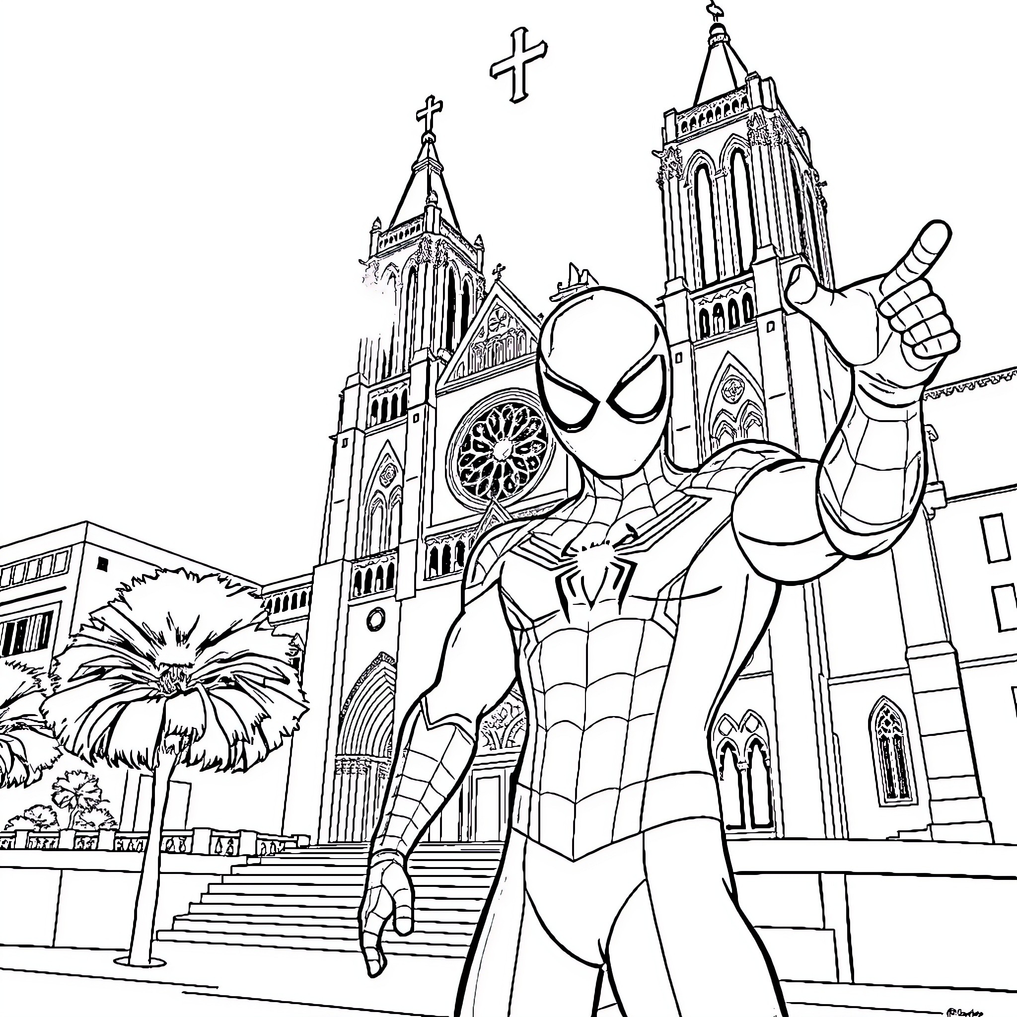 Spiderman swinging through a city with a church Coloring Page (free black-and-white line drawing printable PDF for all, from beginners to advanced learners, including children, teens, adults, and seniors)