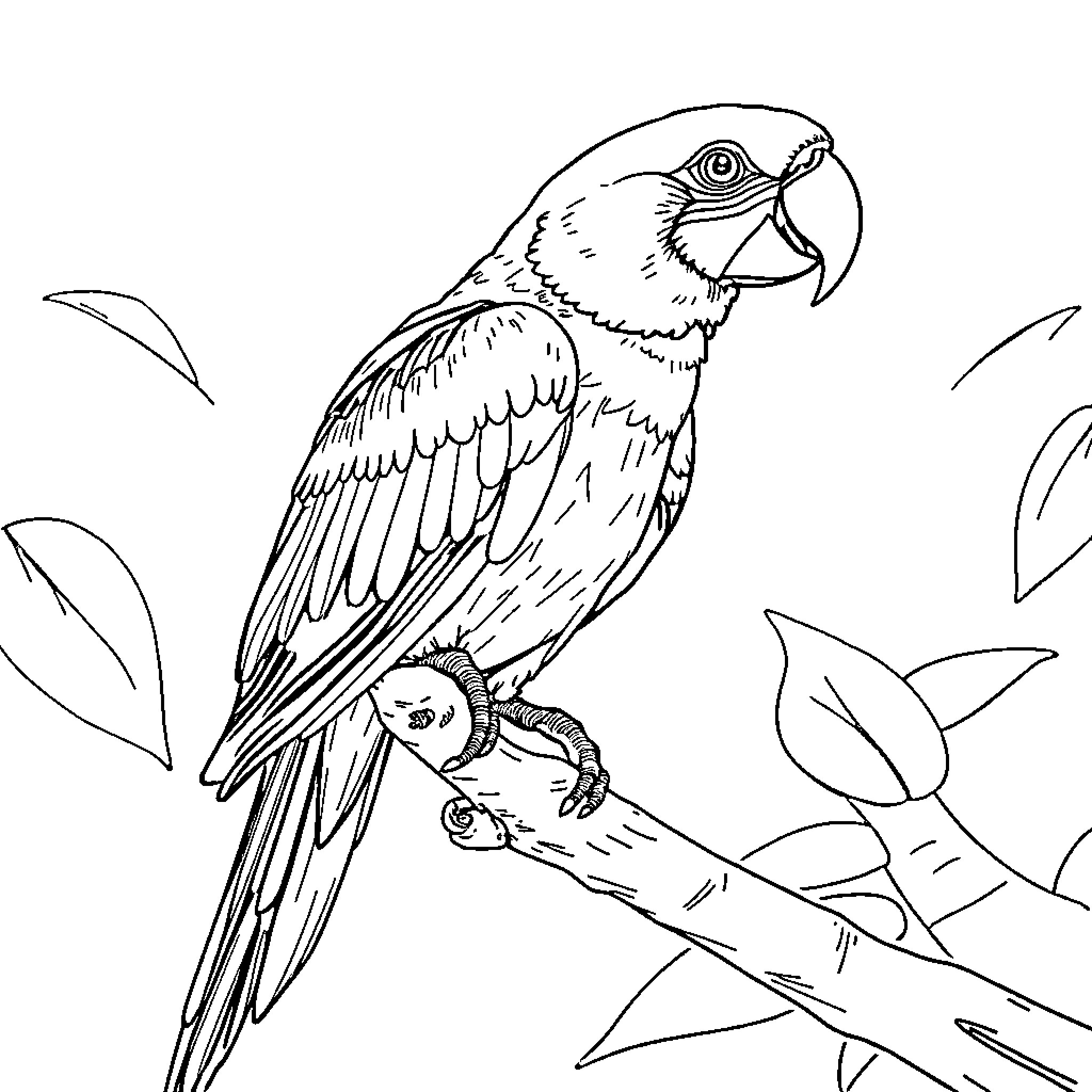 Parrot perching on a branch amid leaves Coloring Page (free black-and-white line drawing printable PDF for all, from beginners to advanced learners, including children, teens, adults, and seniors)