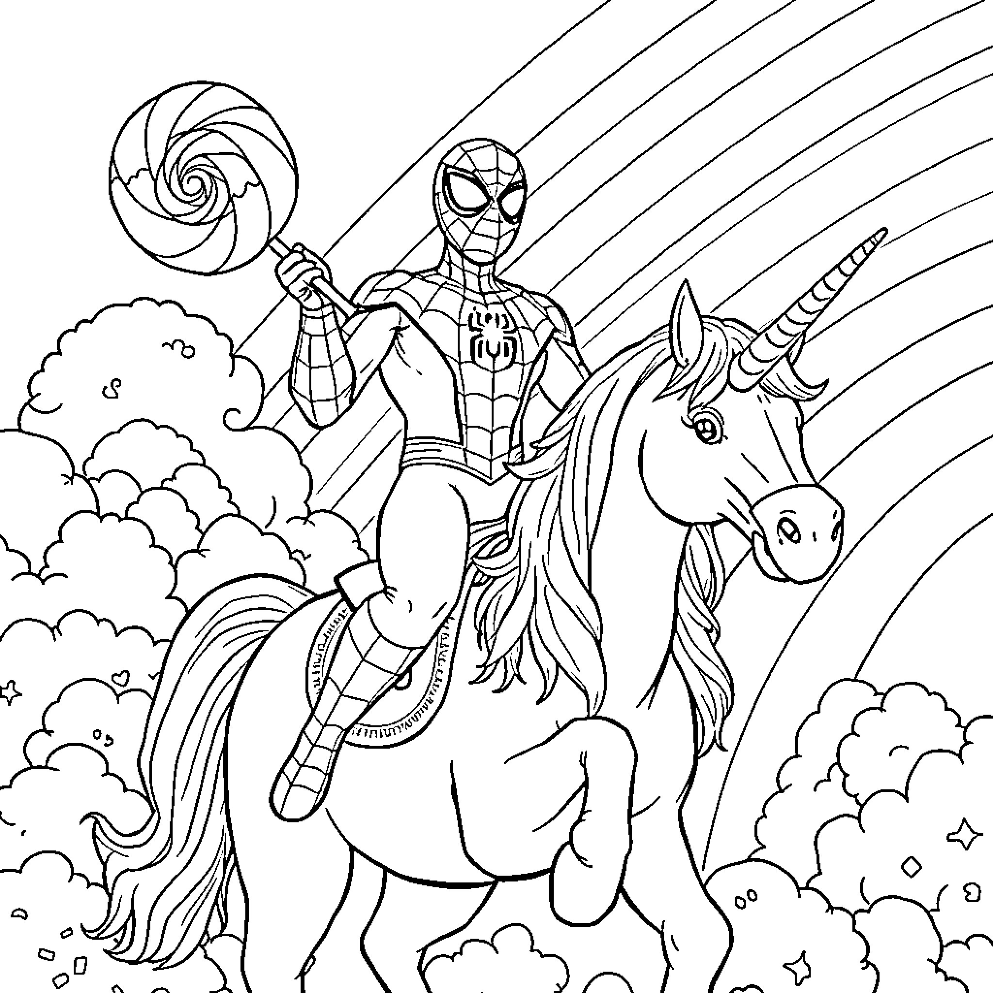 Spider-Man riding a unicorn with a lollipop Coloring Page (free black-and-white line drawing printable PDF for all, from beginners to advanced learners, including children, teens, adults, and seniors)