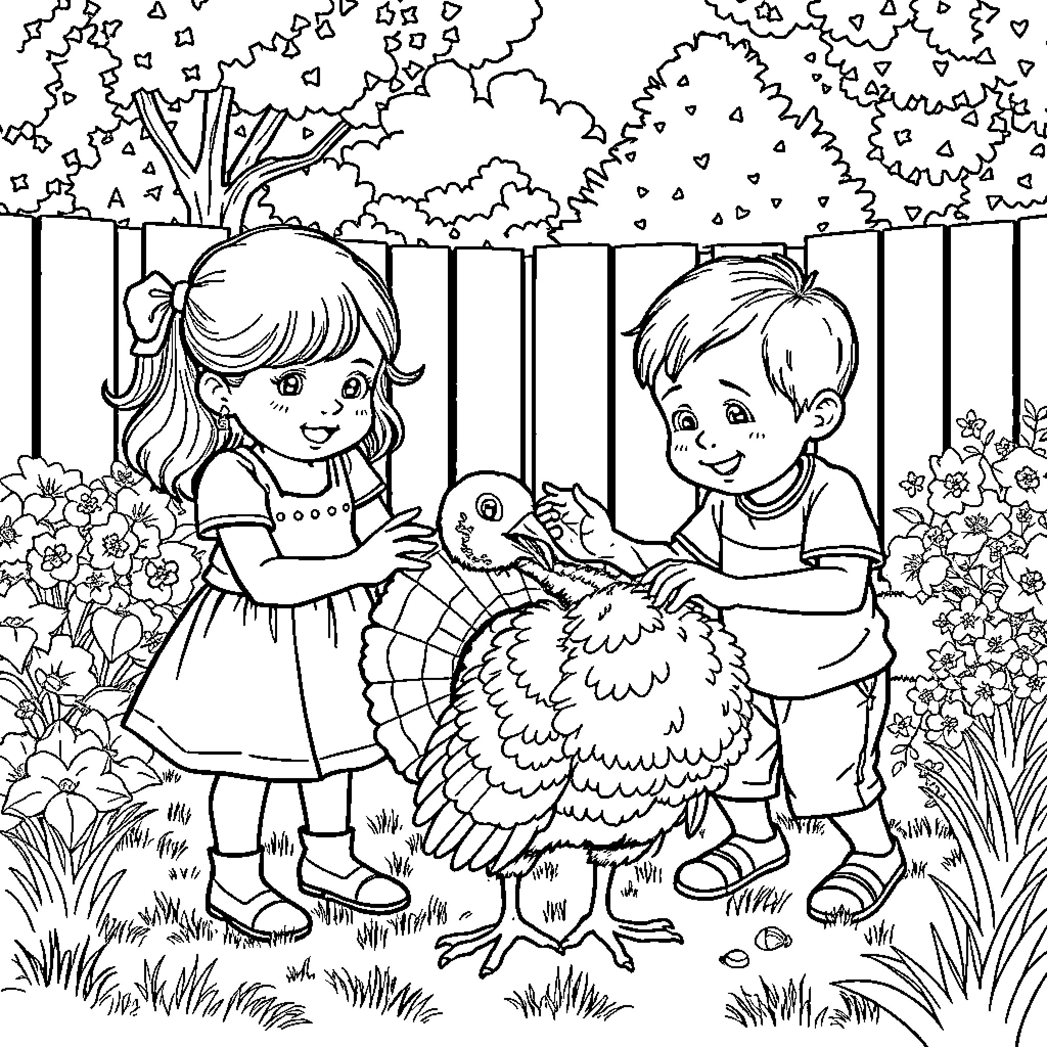 Turkey Coloring Scene with Children and Pets Coloring Page (free black-and-white line drawing printable PDF for all, from beginners to advanced learners, including children, teens, adults, and seniors)