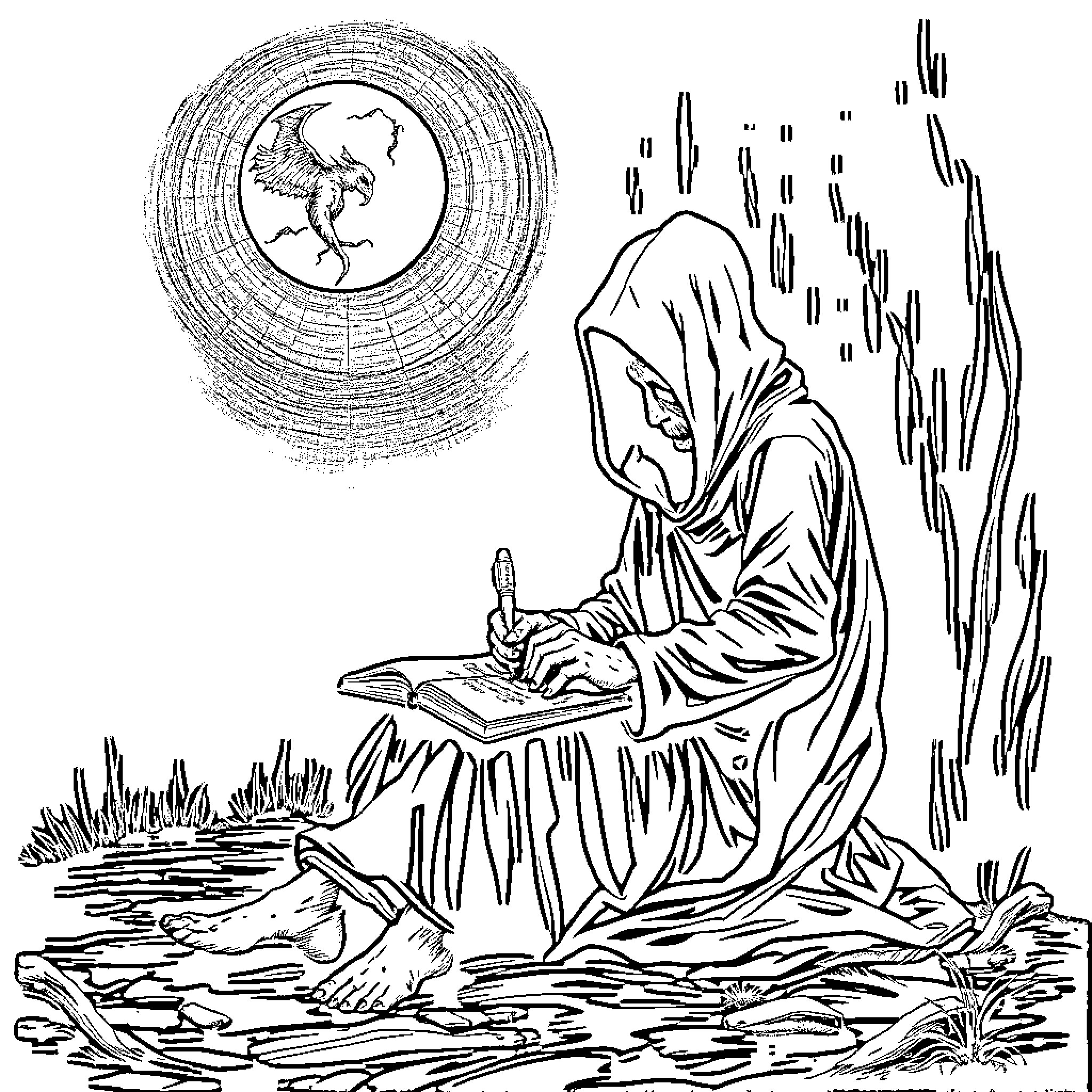 Creeper in the dark forest writing an ancient tome Coloring Page (free black-and-white line drawing printable PDF for all, from beginners to advanced learners, including children, teens, adults, and seniors)