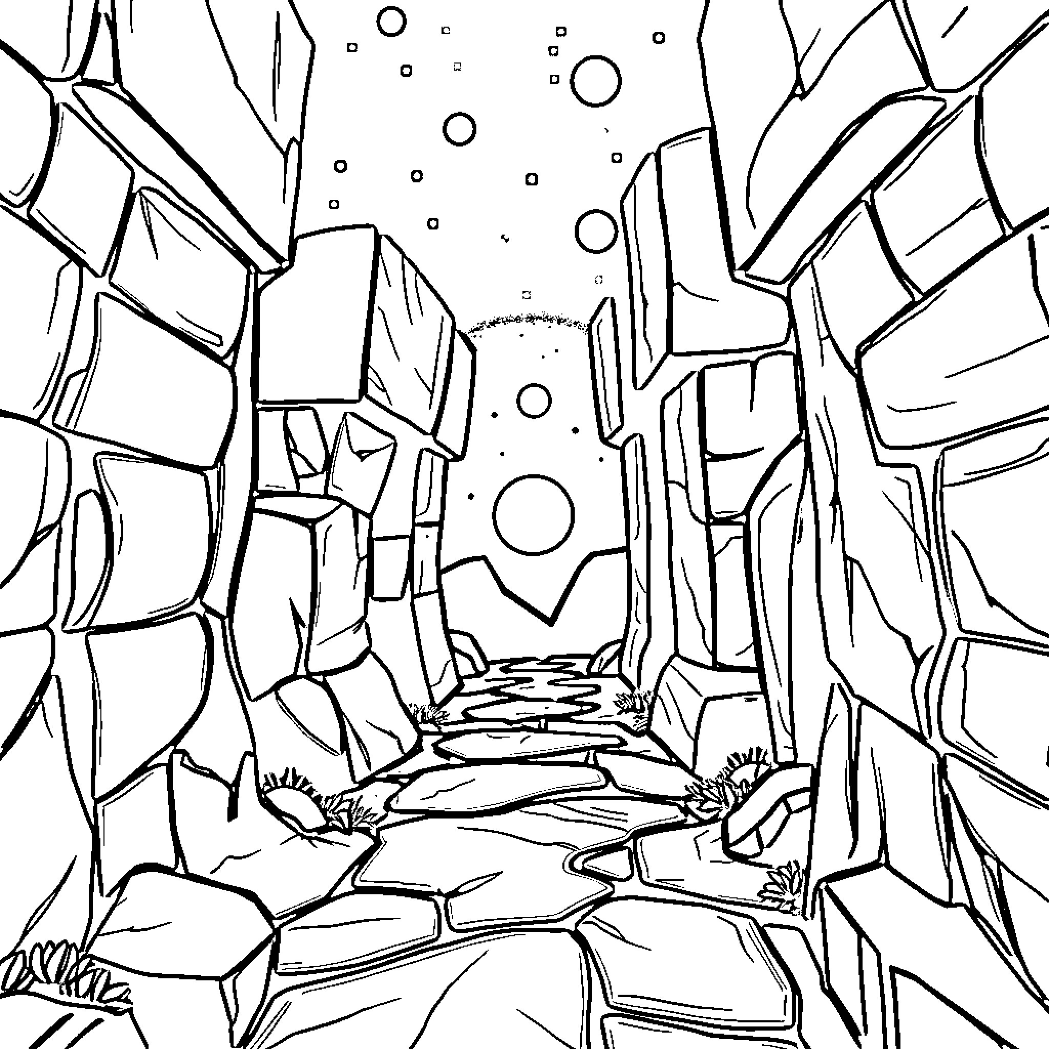 Portal to a Fantastical Crystal Cavern Coloring Page (free black-and-white line drawing printable PDF for all, from beginners to advanced learners, including children, teens, adults, and seniors)
