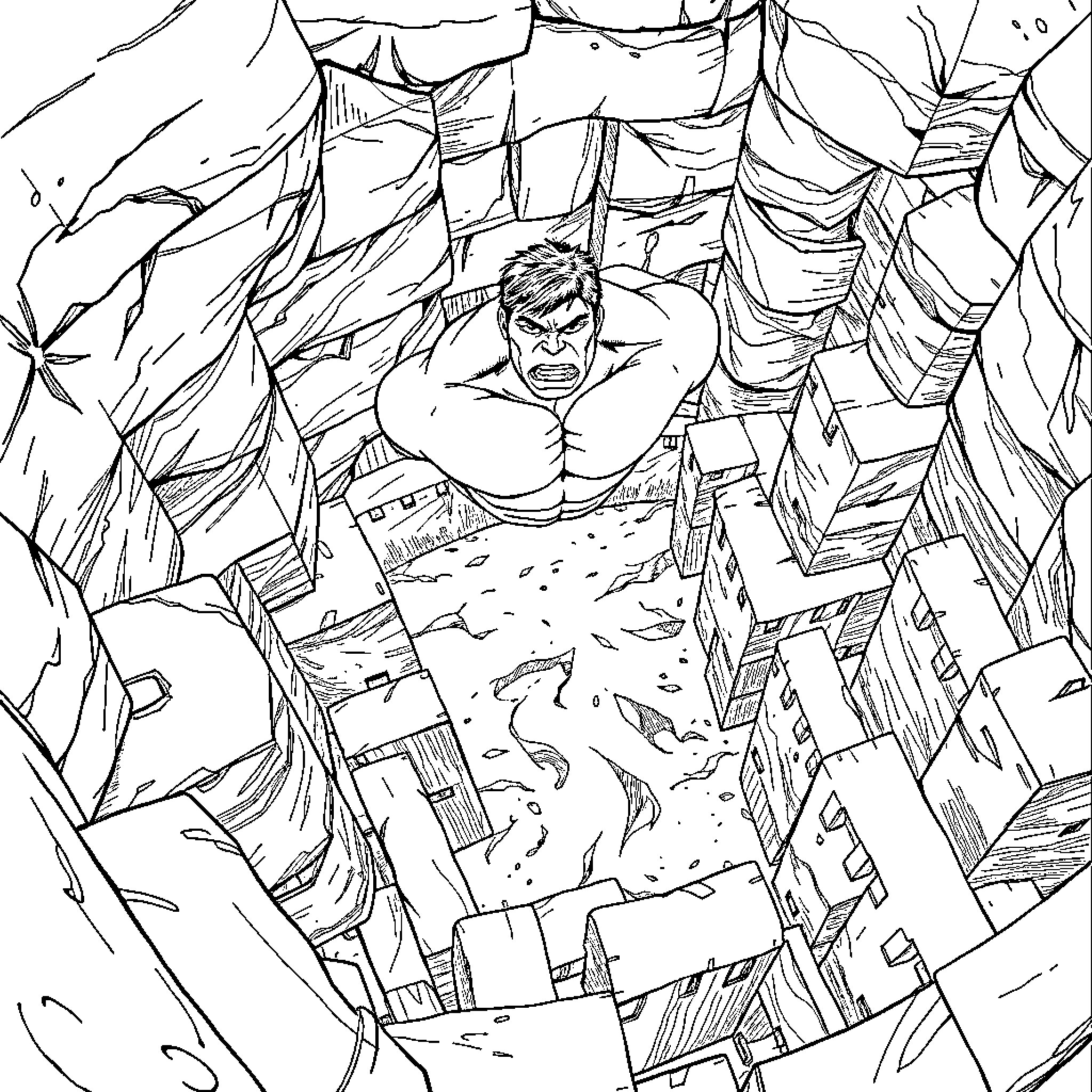 Hulk Smashing Through City Skyline Coloring Page (free black-and-white line drawing printable PDF for all, from beginners to advanced learners, including children, teens, adults, and seniors)