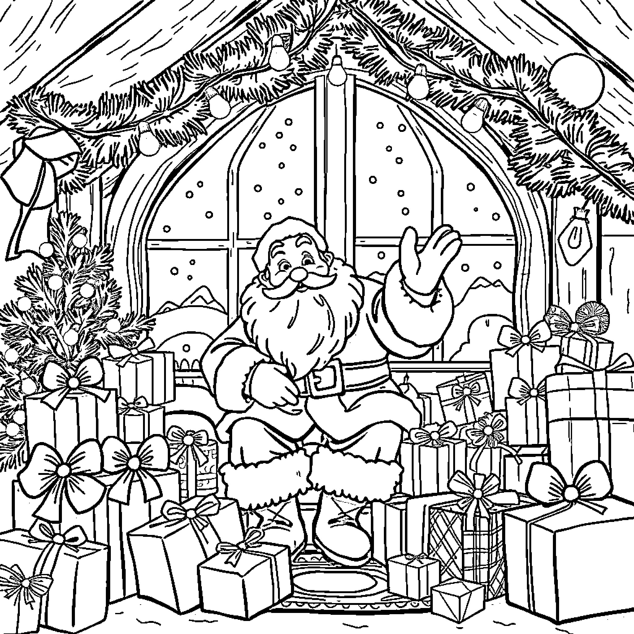 Santa Claus waving and surrounded by gifts and Christmas decor Coloring Page (free black-and-white line drawing printable PDF for all, from beginners to advanced learners, including children, teens, adults, and seniors)