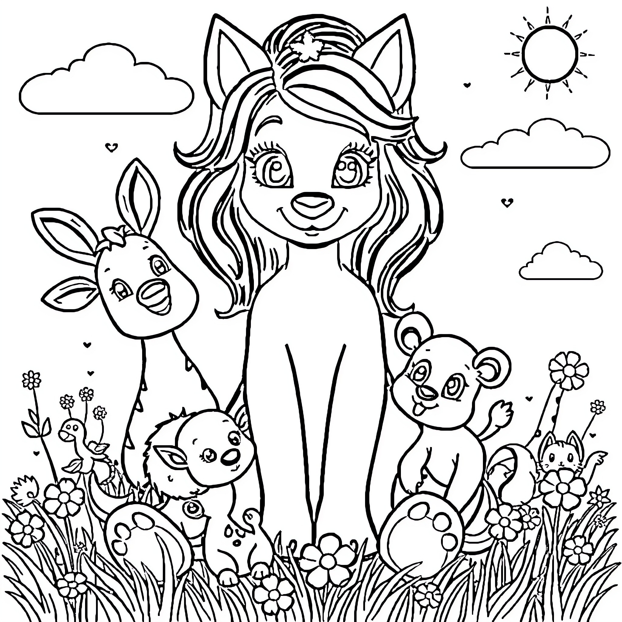 Kadence's Colorful Creature Friends Coloring Page (free black-and-white line drawing printable PDF for all, from beginners to advanced learners, including children, teens, adults, and seniors)