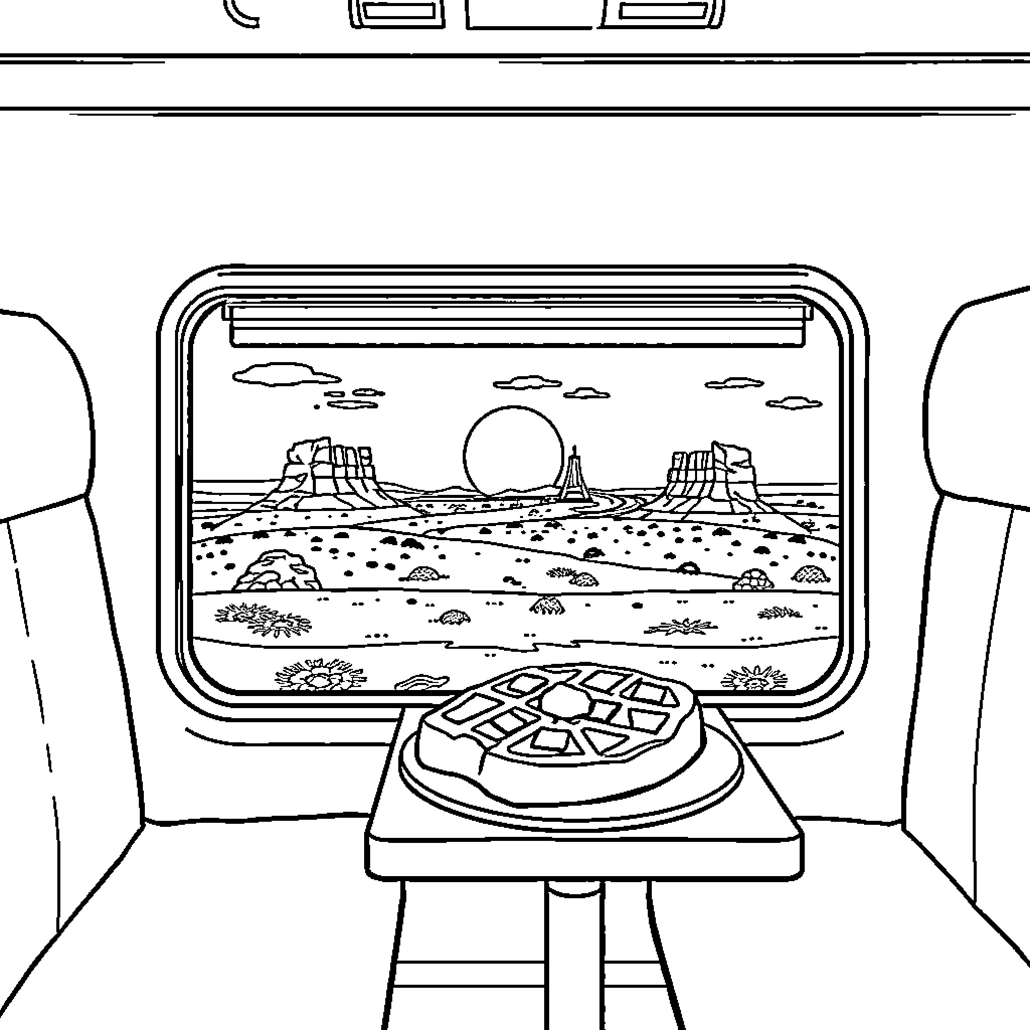 Waffle Desert Landscape Viewed from Train Window Coloring Page (free black-and-white line drawing printable PDF for all, from beginners to advanced learners, including children, teens, adults, and seniors)