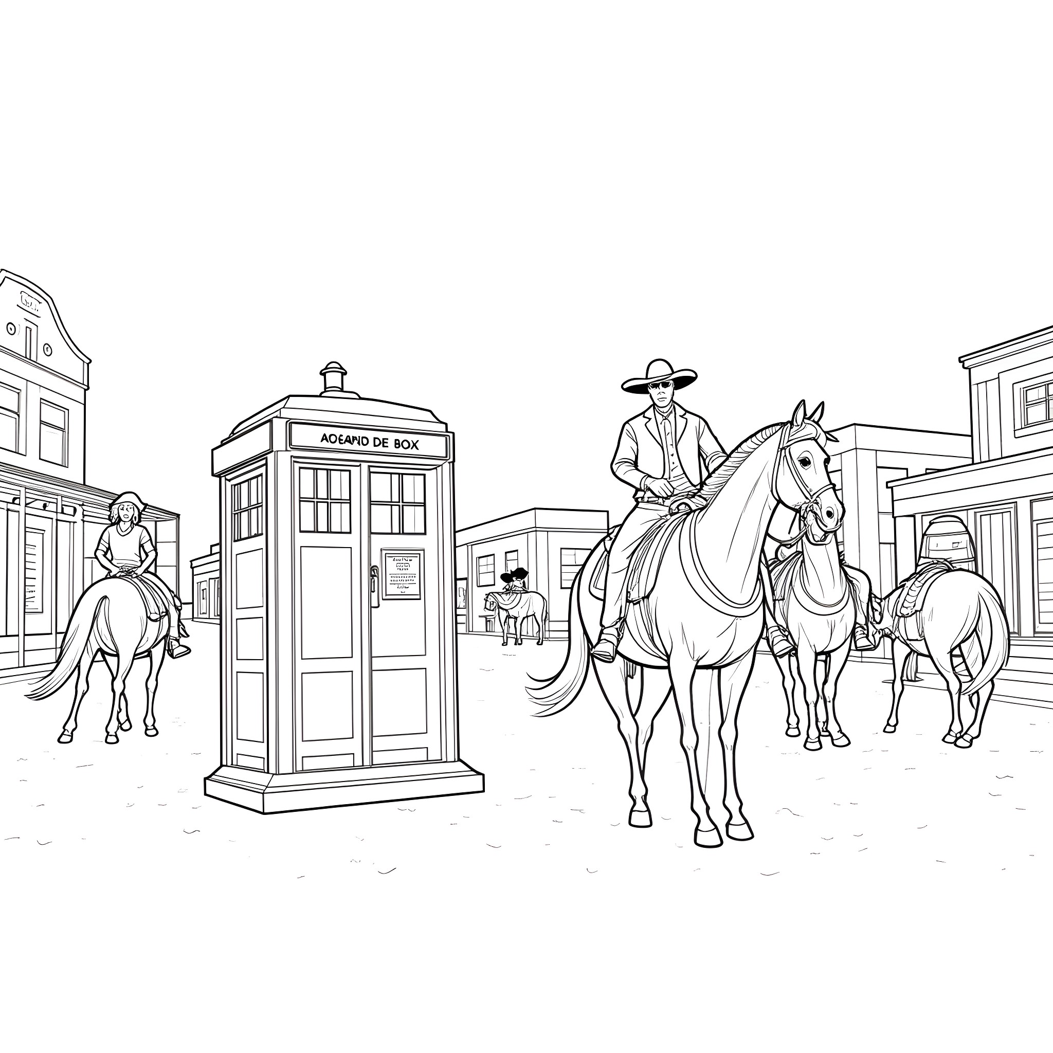 TARDIS in the Wild West with Horses and Riders Coloring Page (free black-and-white line drawing printable PDF for all, from beginners to advanced learners, including children, teens, adults, and seniors)