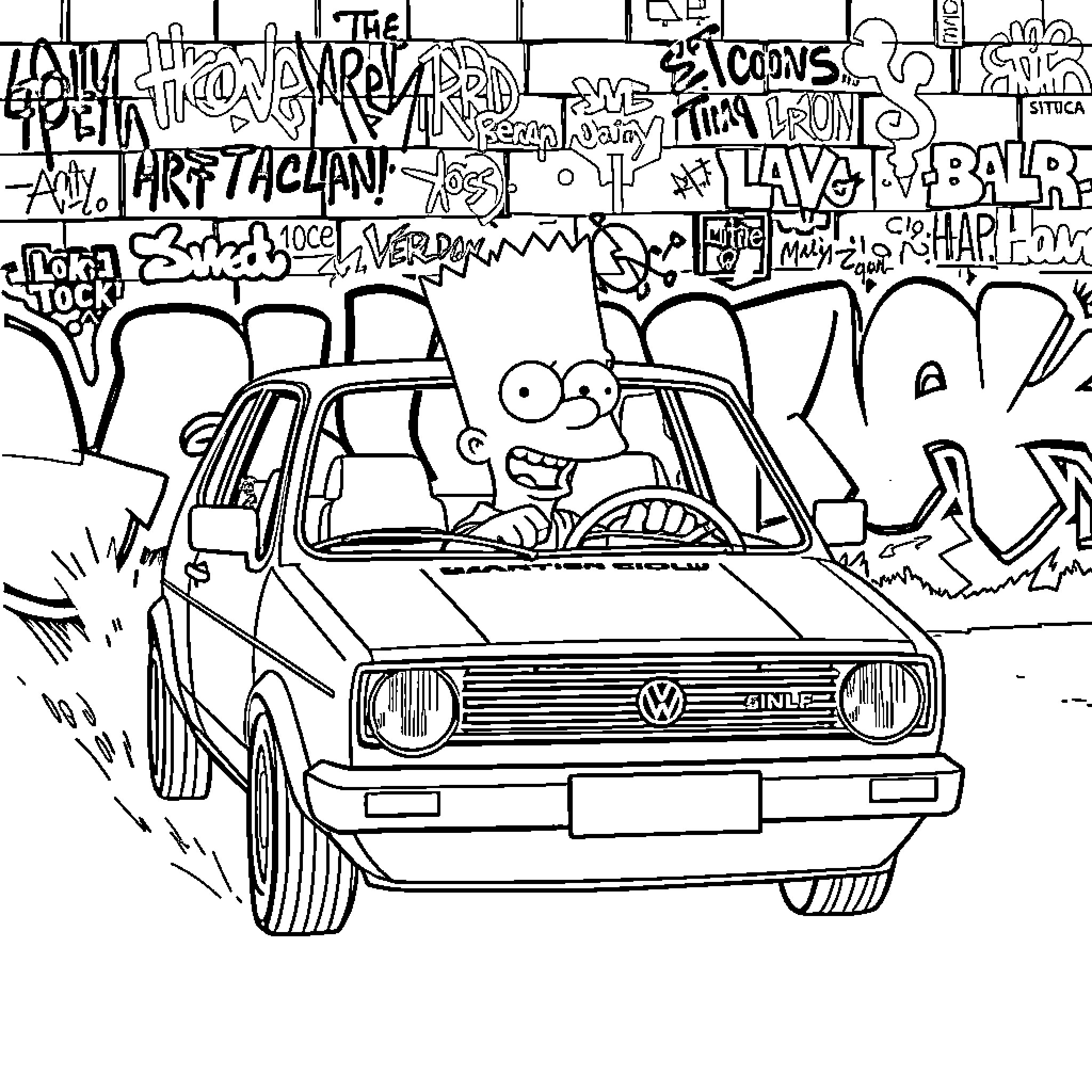 Bart Simpson driving his car through graffiti-covered walls Coloring Page (free black-and-white line drawing printable PDF for all, from beginners to advanced learners, including children, teens, adults, and seniors)