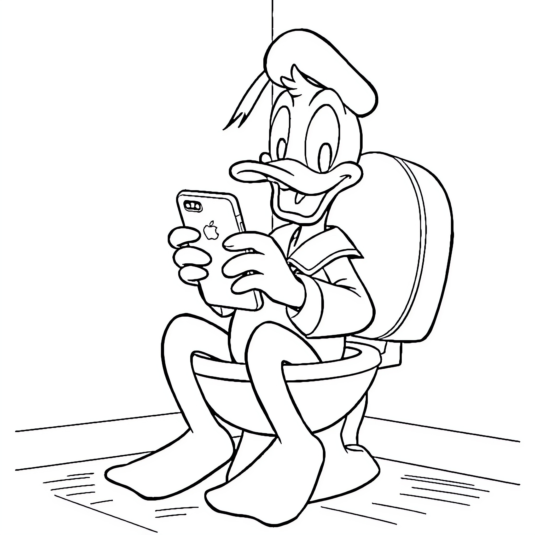 Donald Duck using smartphone on toilet Coloring Page (free black-and-white line drawing printable PDF for all, from beginners to advanced learners, including children, teens, adults, and seniors)