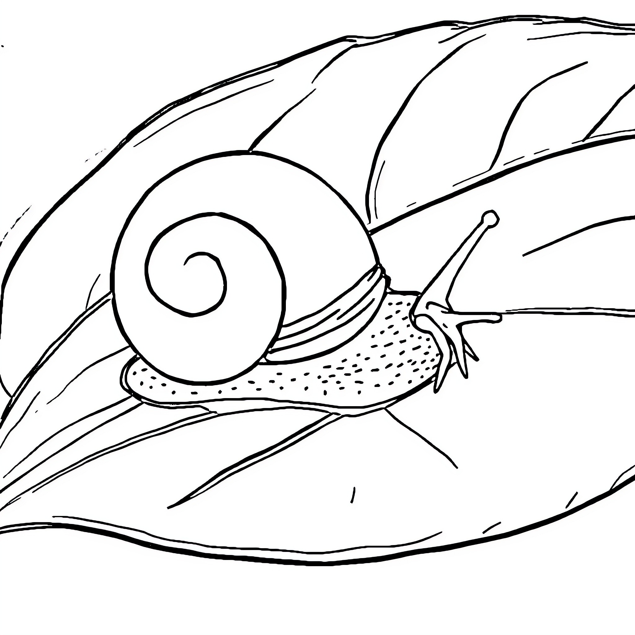 Snail Crawling on Leafy Surface Coloring Page (free black-and-white line drawing printable PDF for all, from beginners to advanced learners, including children, teens, adults, and seniors)