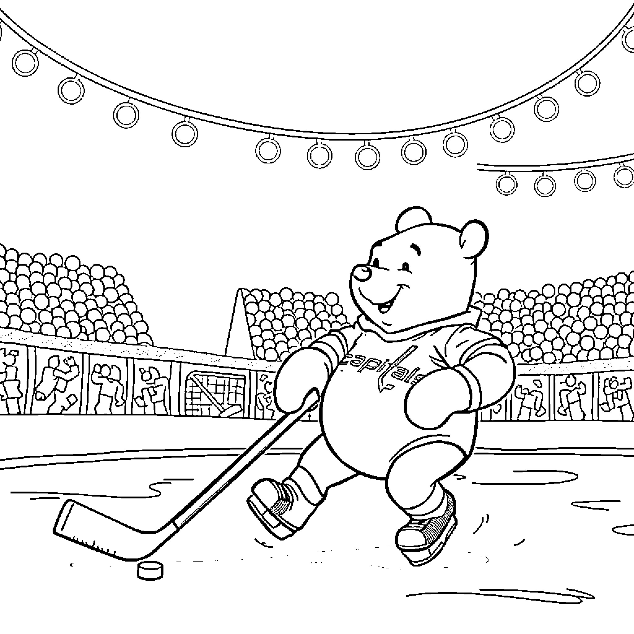 Winnie The Pooh playing hockey in the stadium Coloring Page (free black-and-white line drawing printable PDF for all, from beginners to advanced learners, including children, teens, adults, and seniors)