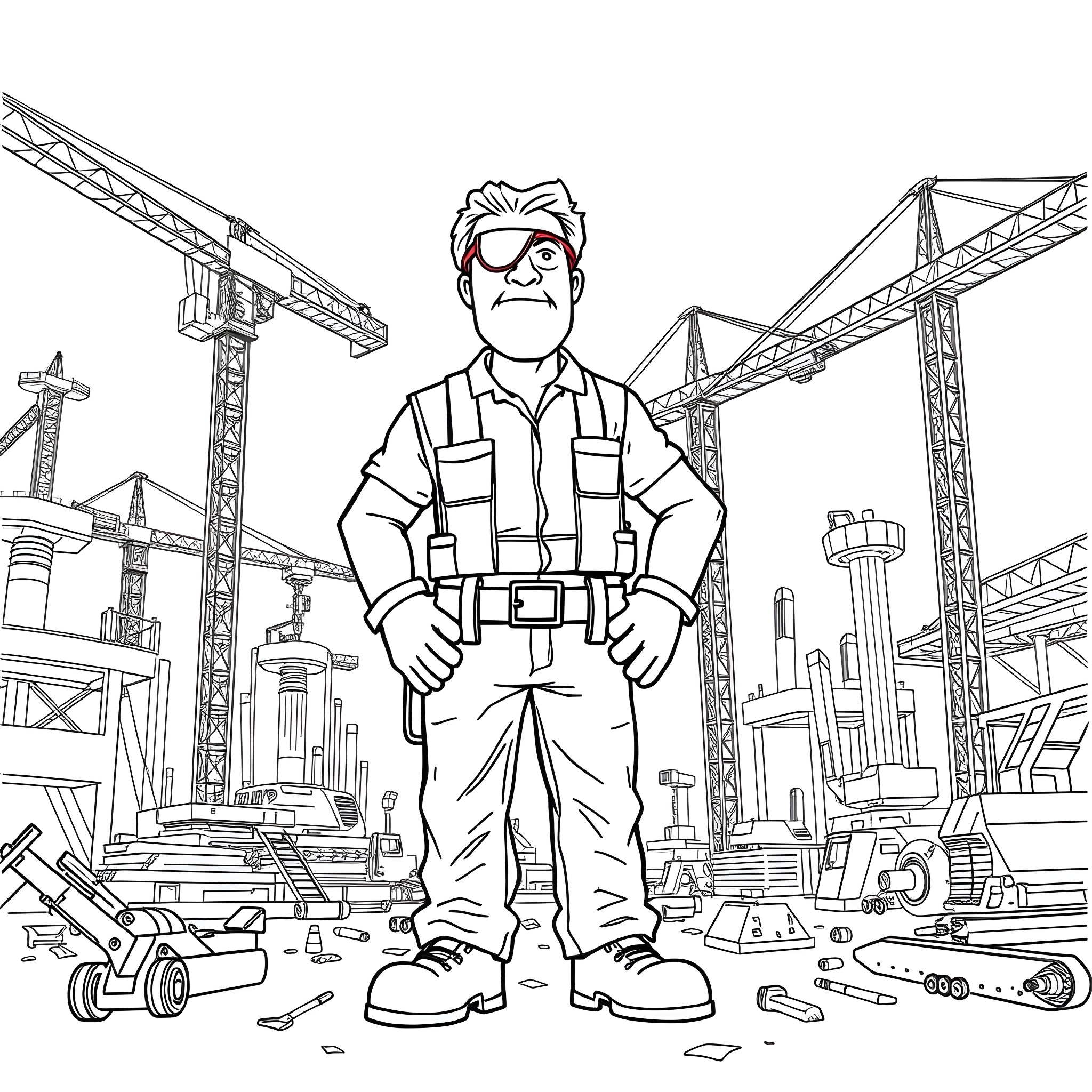 Construction Worker standing amidst construction site equipment Coloring Page (free black-and-white line drawing printable PDF for all, from beginners to advanced learners, including children, teens, adults, and seniors)