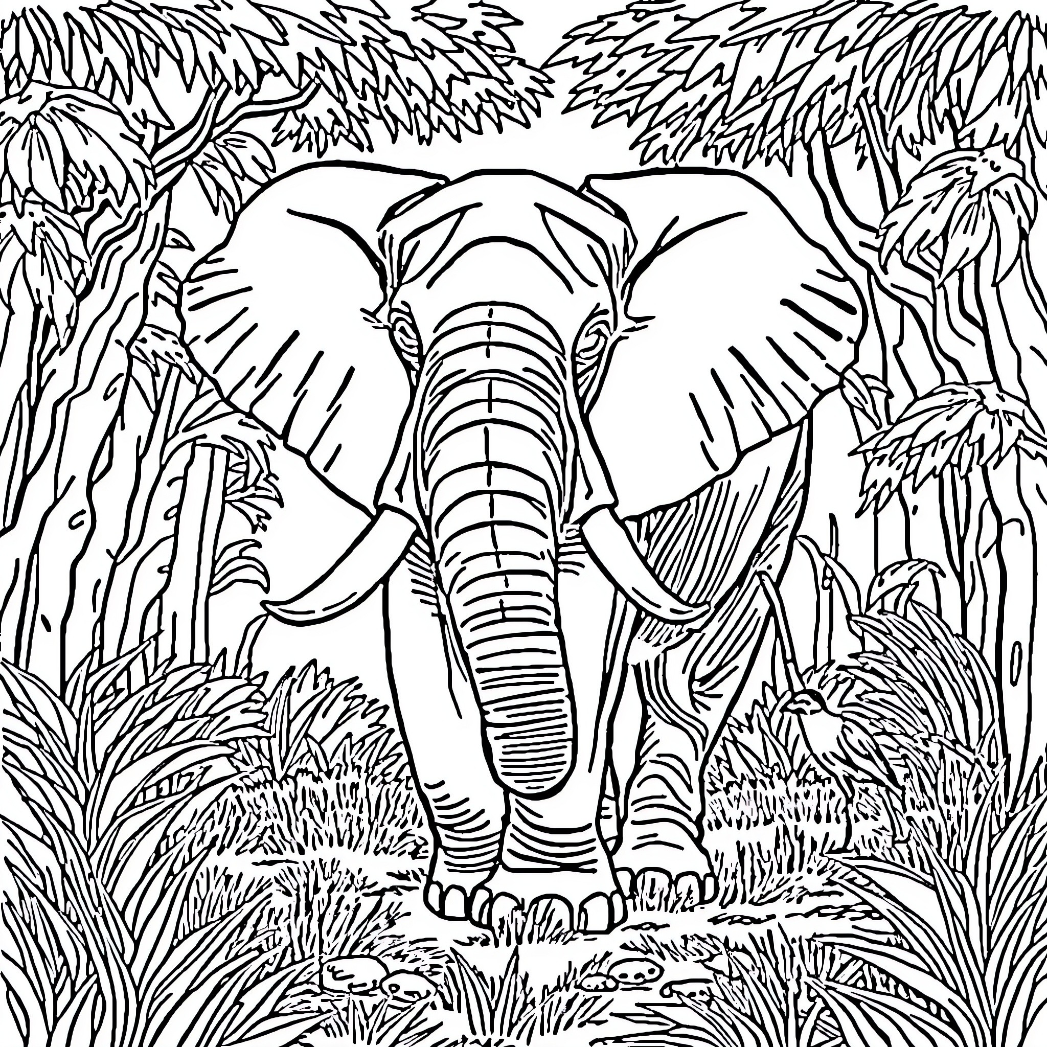 Elephant Charging Through the Jungle Coloring Page (free black-and-white line drawing printable PDF for all, from beginners to advanced learners, including children, teens, adults, and seniors)