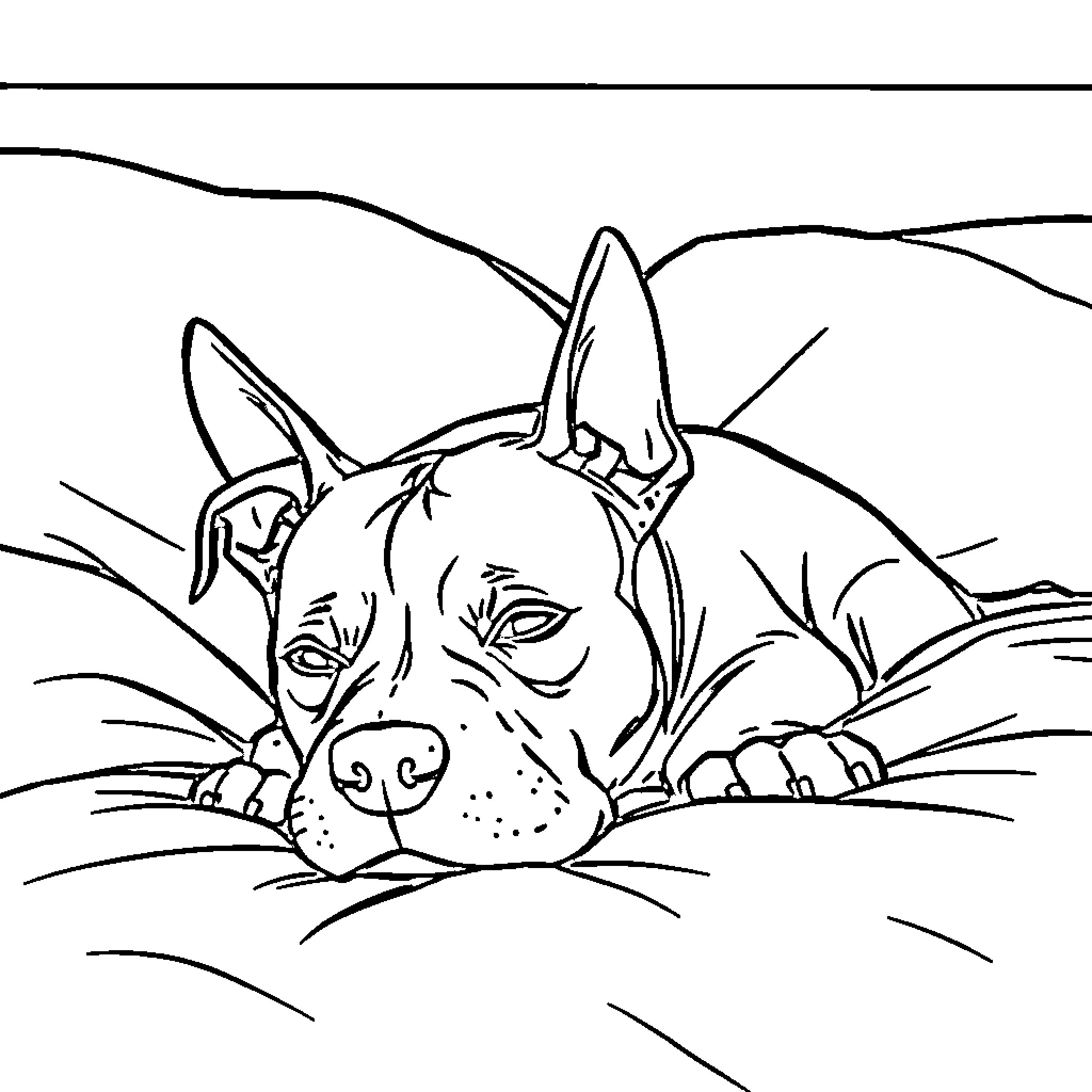 Pitbull lounging peacefully in the outdoors Coloring Page (free black-and-white line drawing printable PDF for all, from beginners to advanced learners, including children, teens, adults, and seniors)
