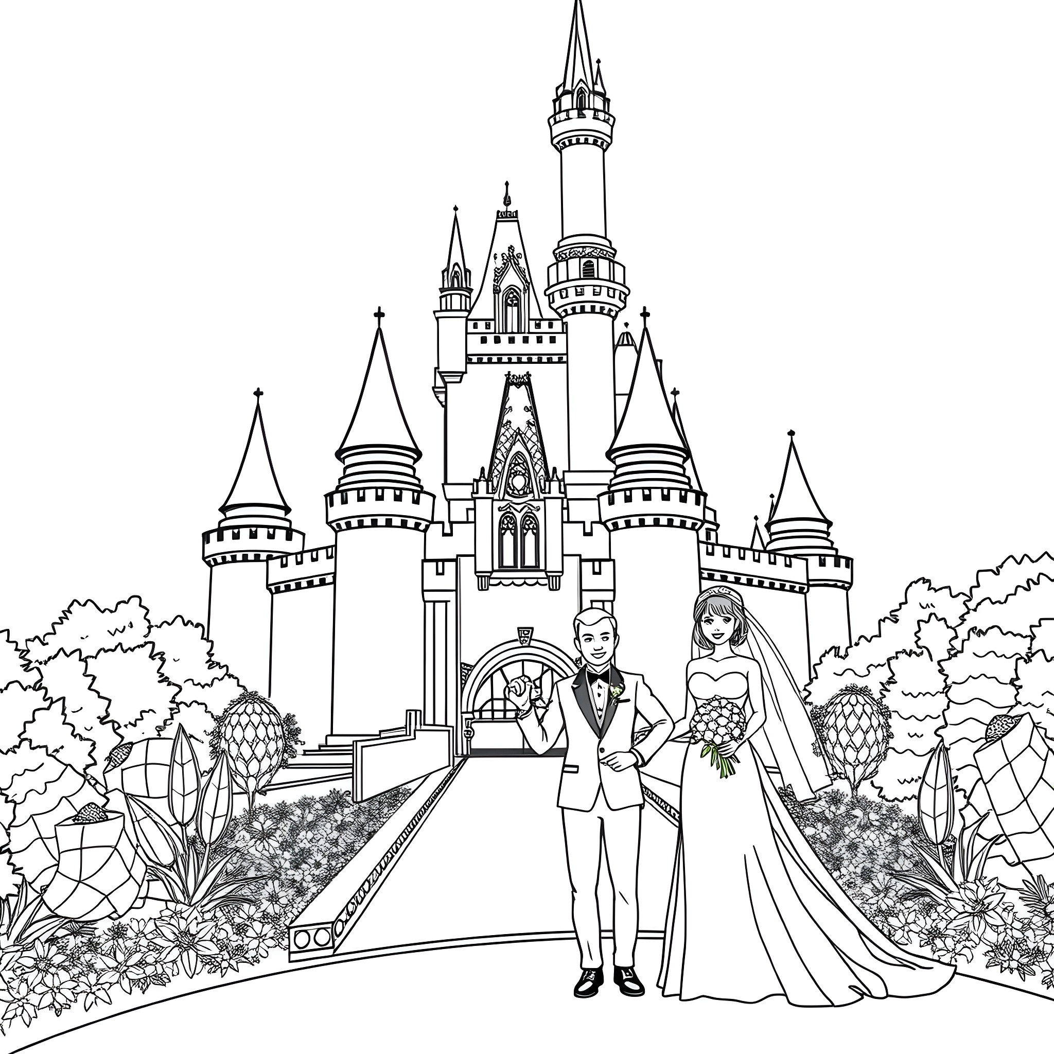 Bride and Groom at Fairytale Castle Coloring Page (free black-and-white line drawing printable PDF for all, from beginners to advanced learners, including children, teens, adults, and seniors)