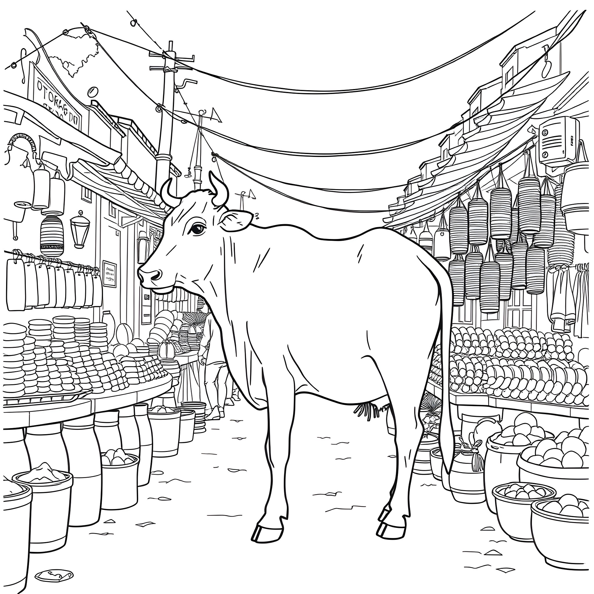 Cow standing amid a bustling market scene Coloring Page (free black-and-white line drawing printable PDF for all, from beginners to advanced learners, including children, teens, adults, and seniors)