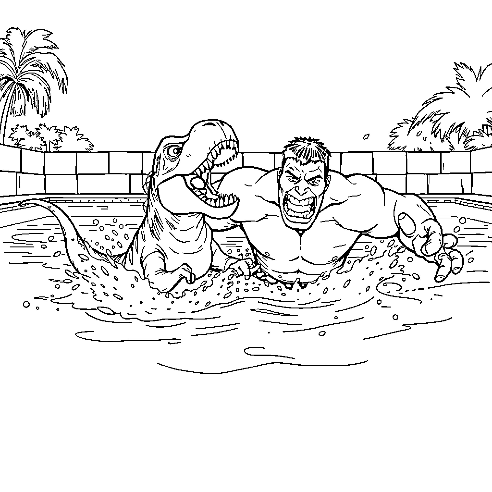 Trex chasing a muscular man through a swimming pool Coloring Page (free black-and-white line drawing printable PDF for all, from beginners to advanced learners, including children, teens, adults, and seniors)