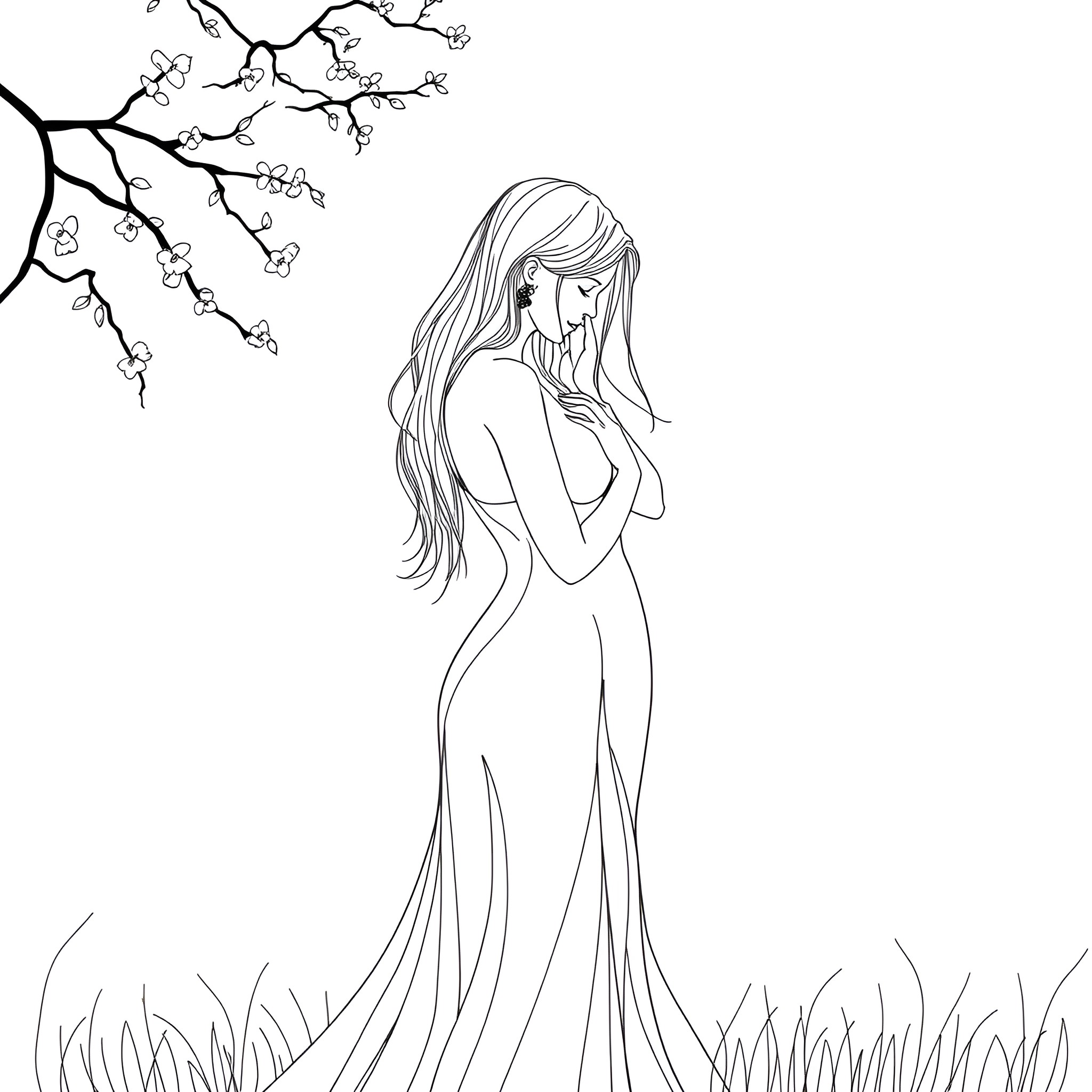 Female figure in long dress under blossoming tree Coloring Page (free black-and-white line drawing printable PDF for all, from beginners to advanced learners, including children, teens, adults, and seniors)