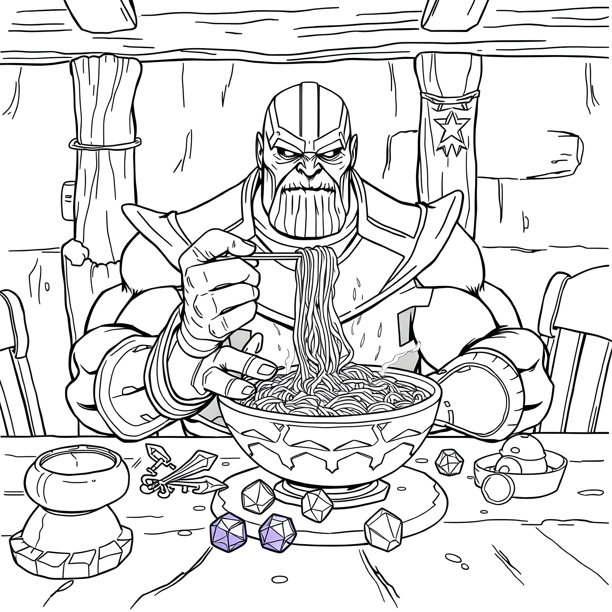 Thanos enjoying a bowl of noodles in a mystical setting Coloring Page (free black-and-white line drawing printable PDF for all, from beginners to advanced learners, including children, teens, adults, and seniors)