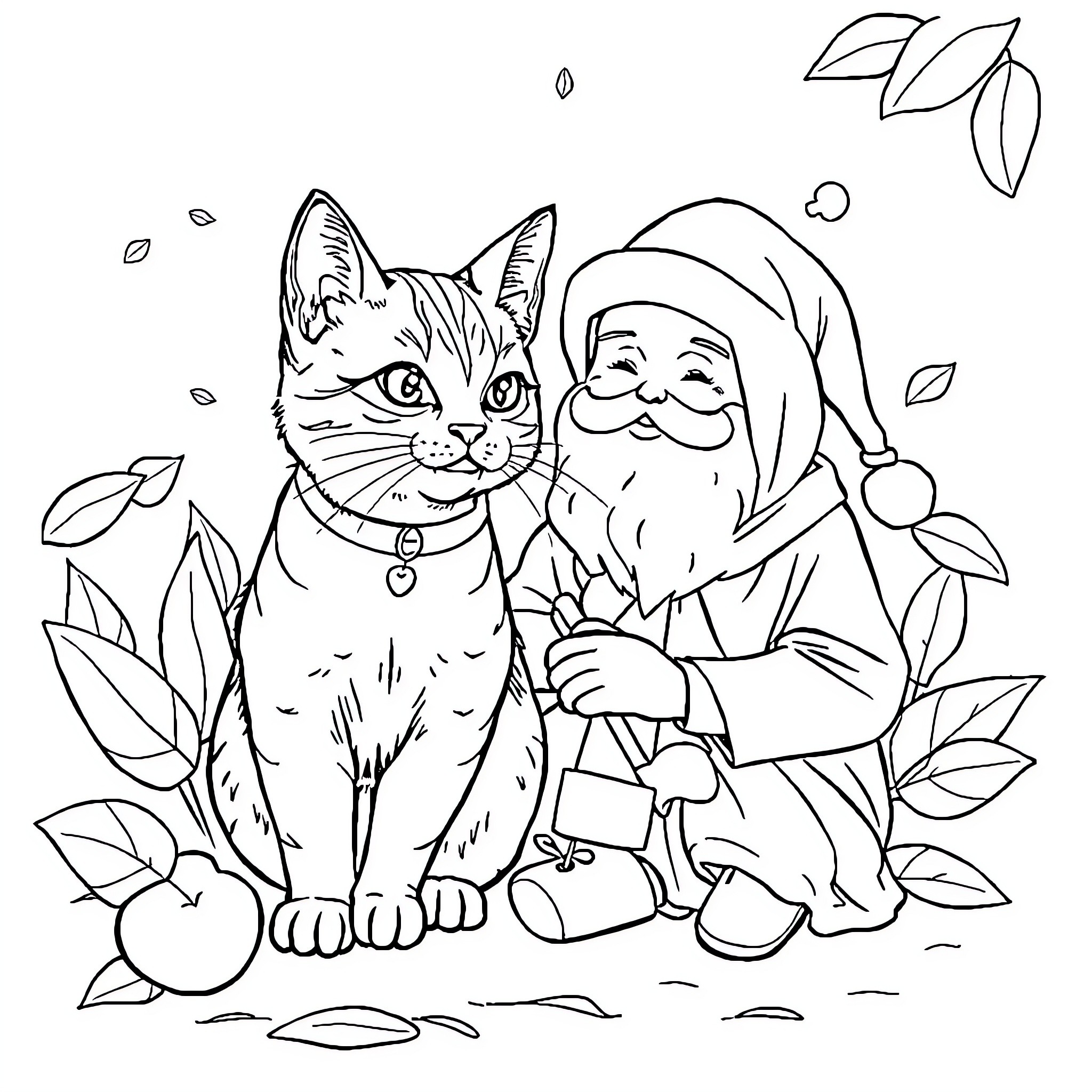 Cat and Gnome in Autumn Leaves Coloring Page (free black-and-white line drawing printable PDF for all, from beginners to advanced learners, including children, teens, adults, and seniors)