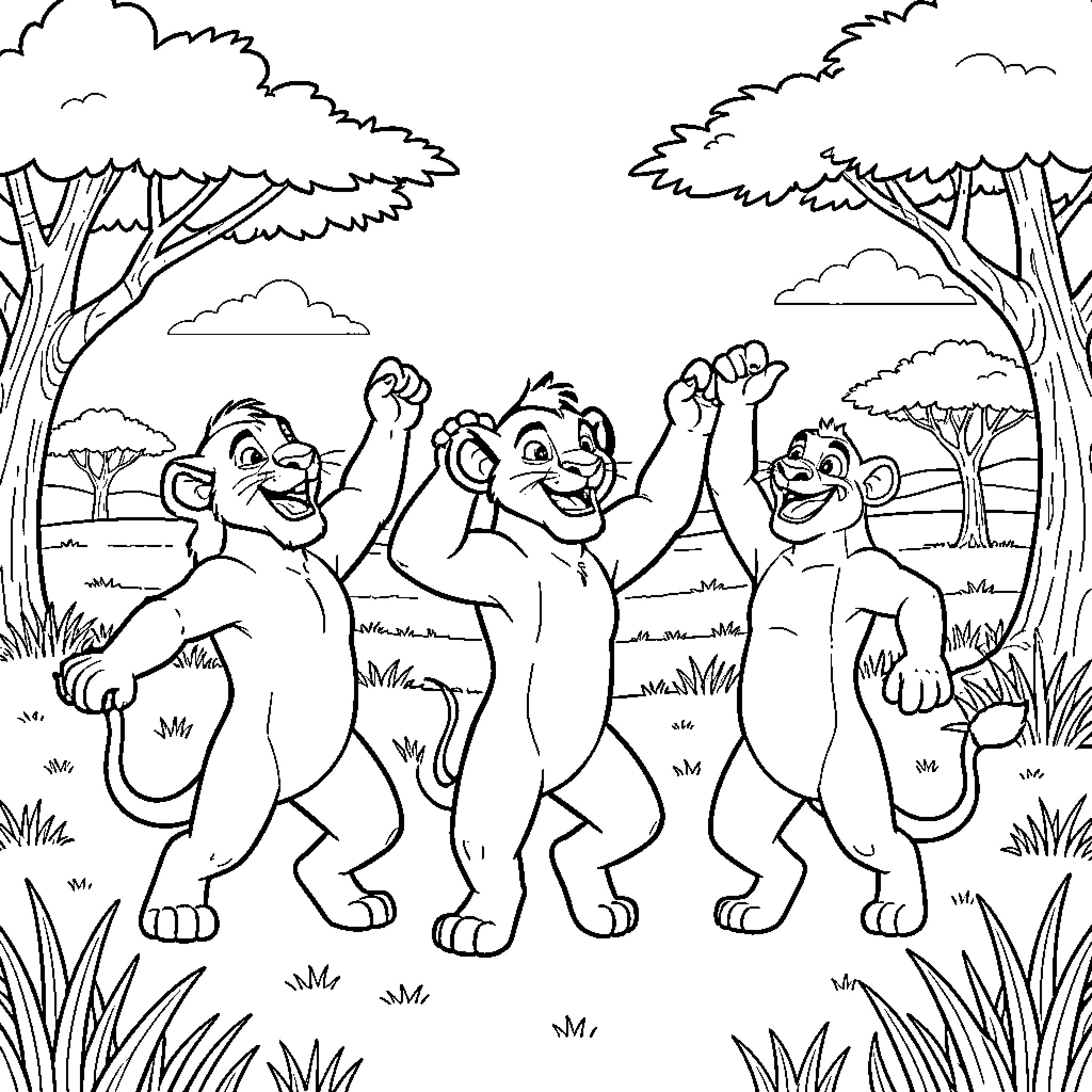 Simba and young lions celebrating in the jungle Coloring Page (free black-and-white line drawing printable PDF for all, from beginners to advanced learners, including children, teens, adults, and seniors)
