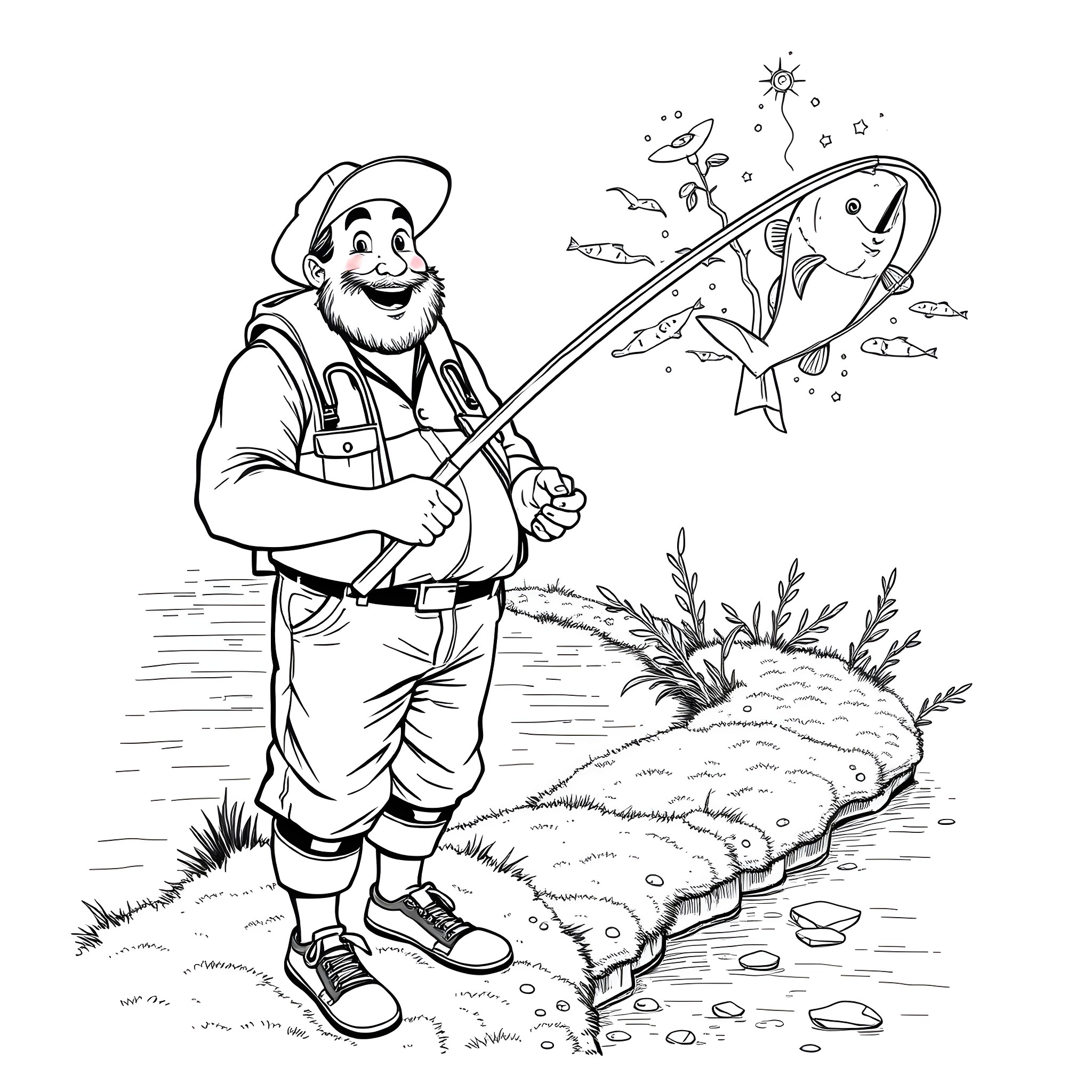 Fisherman casting line with fish in the background Coloring Page (free black-and-white line drawing printable PDF for all, from beginners to advanced learners, including children, teens, adults, and seniors)