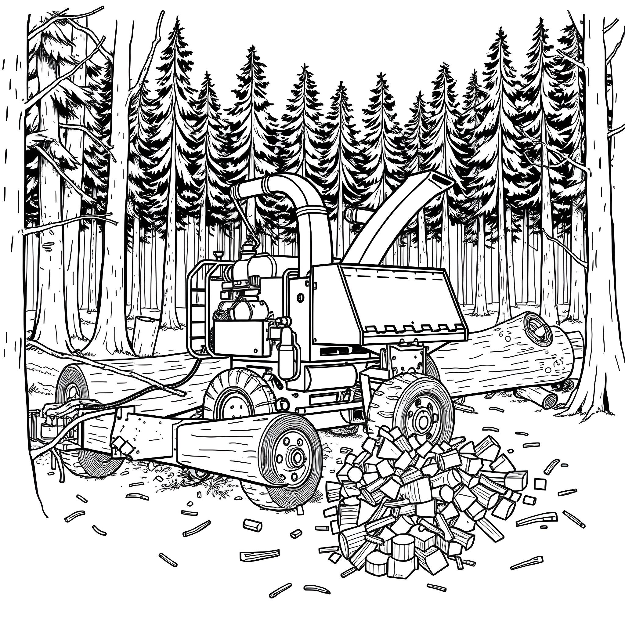 Wood Chipper Chipping Wood in Dense Forest Coloring Page (free black-and-white line drawing printable PDF for all, from beginners to advanced learners, including children, teens, adults, and seniors)