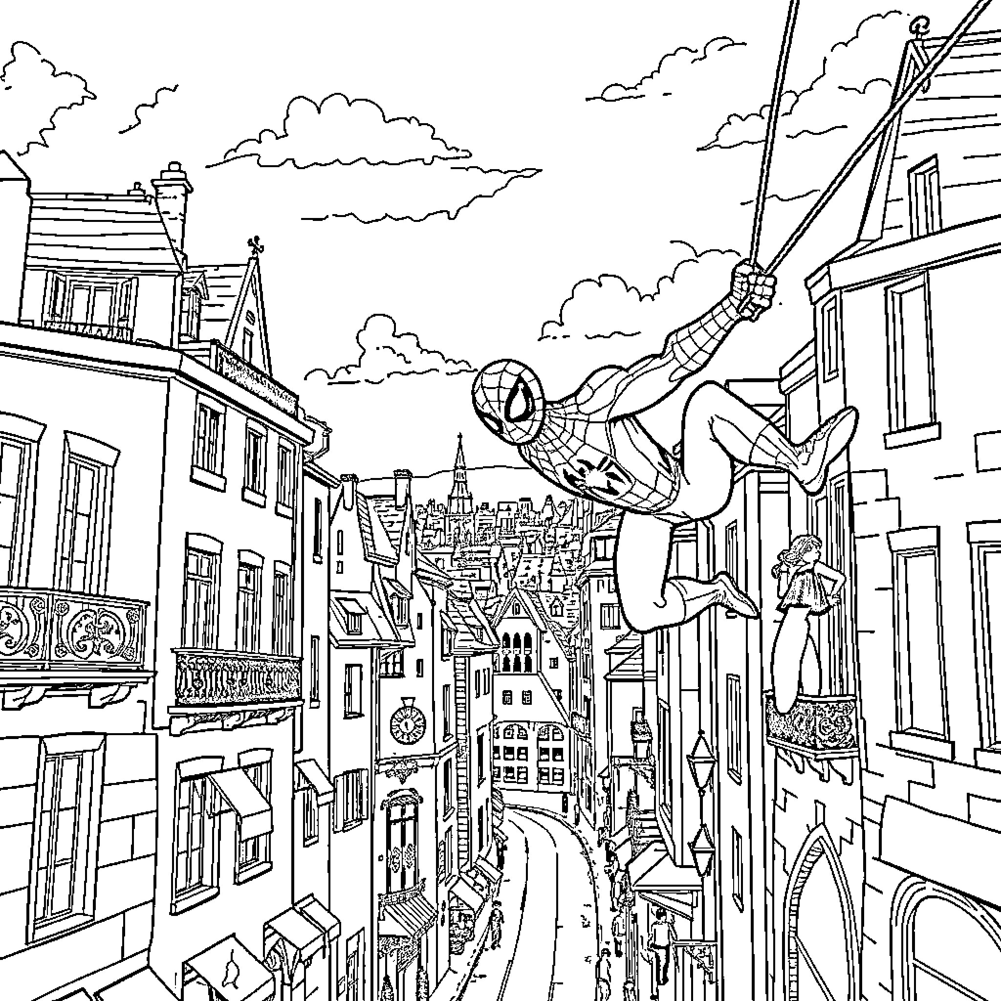 Spiderman swinging through a busy city street Coloring Page (free black-and-white line drawing printable PDF for all, from beginners to advanced learners, including children, teens, adults, and seniors)