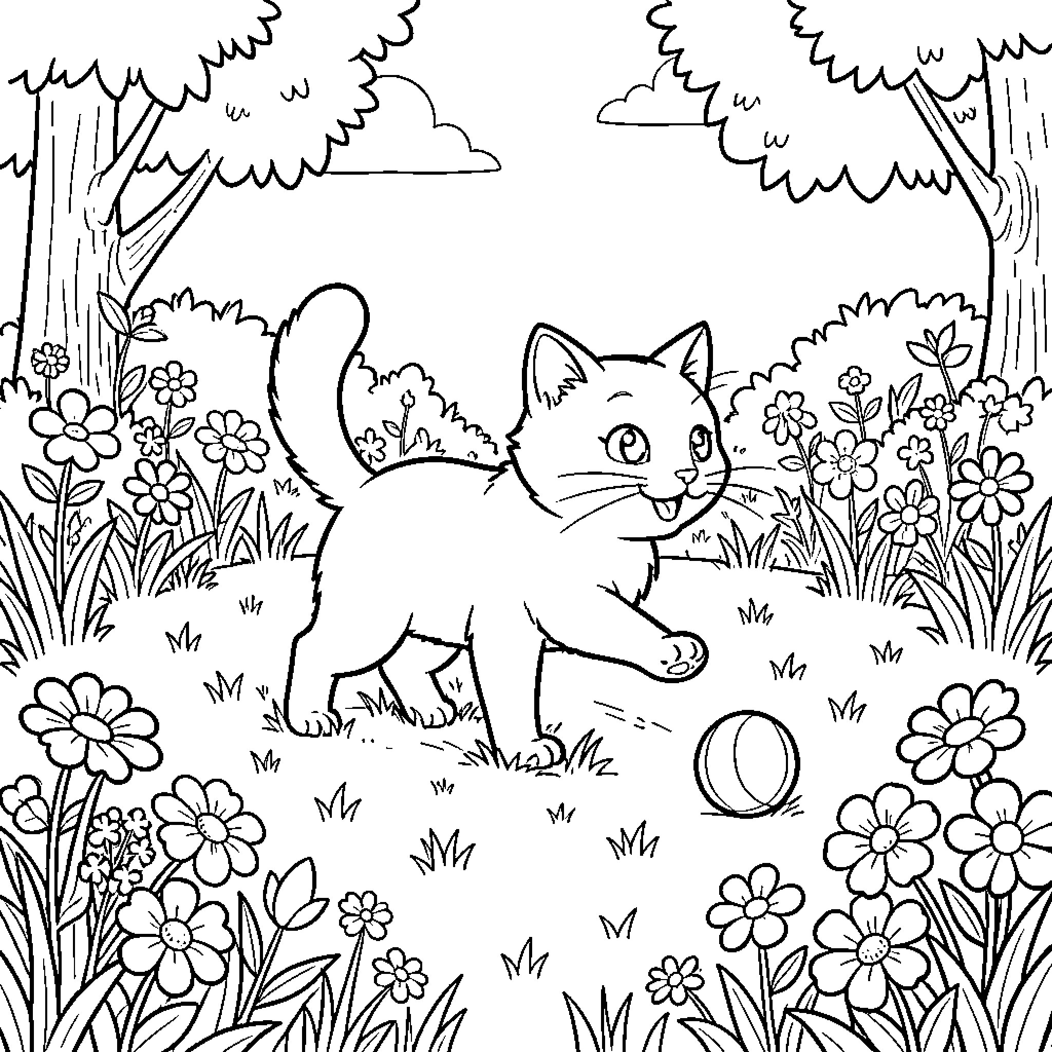 Cat exploring a lush flower garden Coloring Page (free black-and-white line drawing printable PDF for all, from beginners to advanced learners, including children, teens, adults, and seniors)