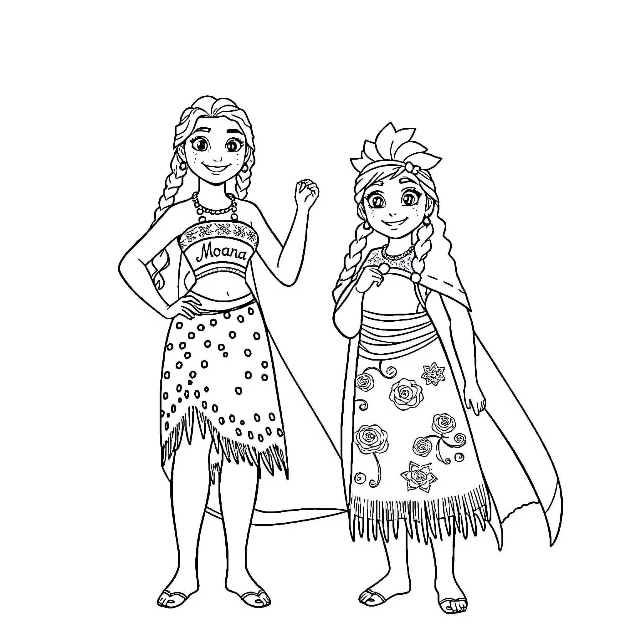 Moana and Maui in Vibrant Outfits Coloring Page (free black-and-white line drawing printable PDF for all, from beginners to advanced learners, including children, teens, adults, and seniors)