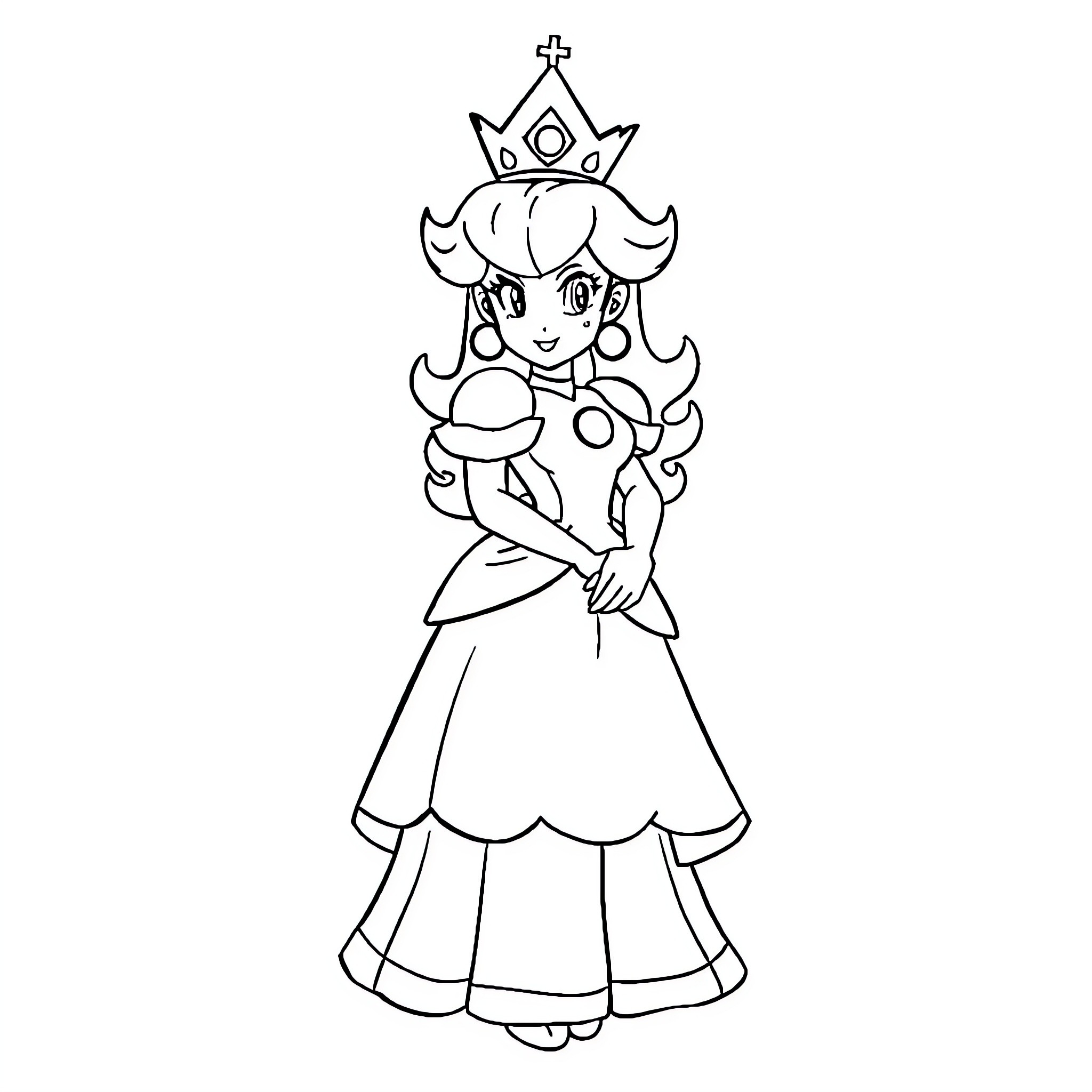 Princess Peach in elegant royal attire Coloring Page (free black-and-white line drawing printable PDF for all, from beginners to advanced learners, including children, teens, adults, and seniors)