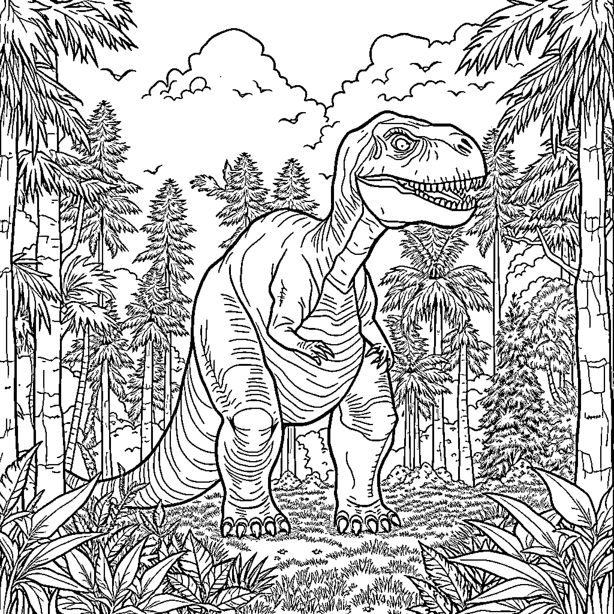 Dinosaur roaming through the lush, prehistoric forest Coloring Page (free black-and-white line drawing printable PDF for all, from beginners to advanced learners, including children, teens, adults, and seniors)