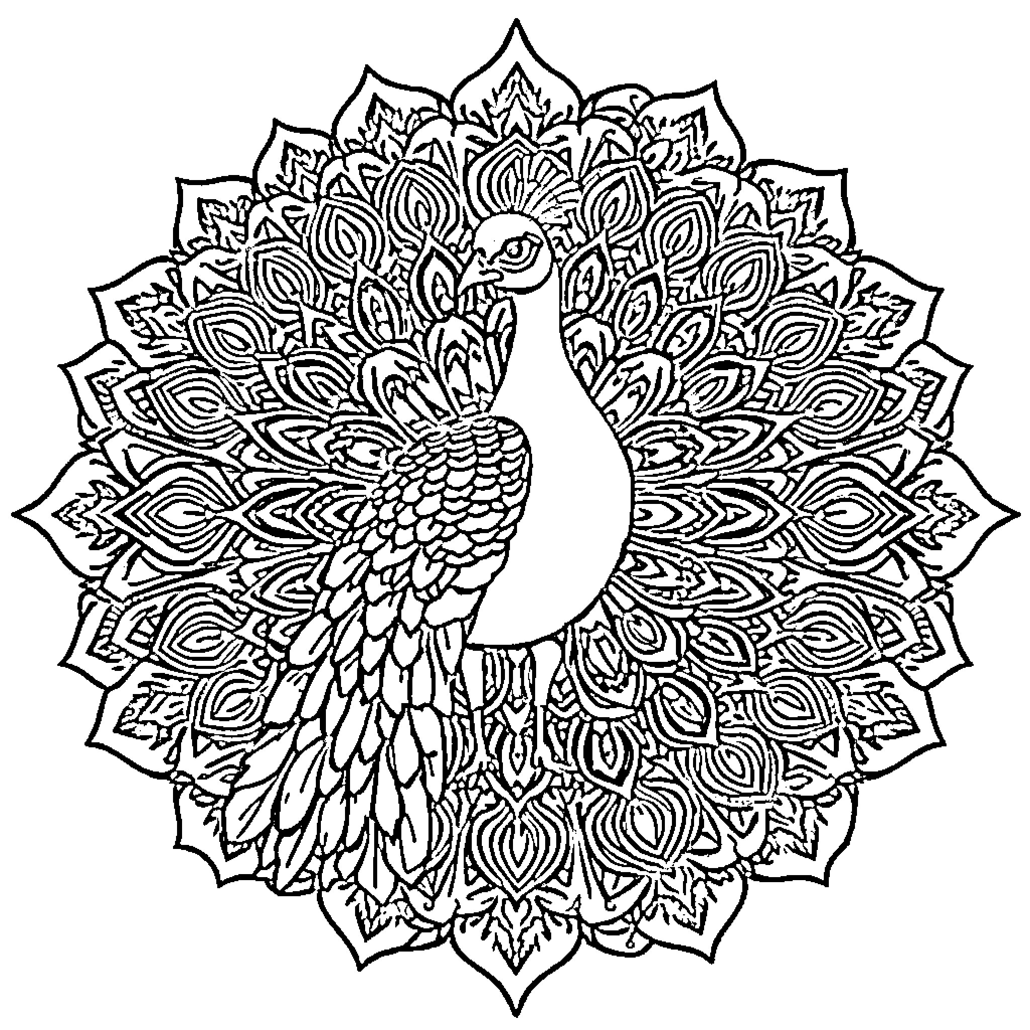 Peacock displaying its ornate feathers in a mandala-like pattern Coloring Page (free black-and-white line drawing printable PDF for all, from beginners to advanced learners, including children, teens, adults, and seniors)
