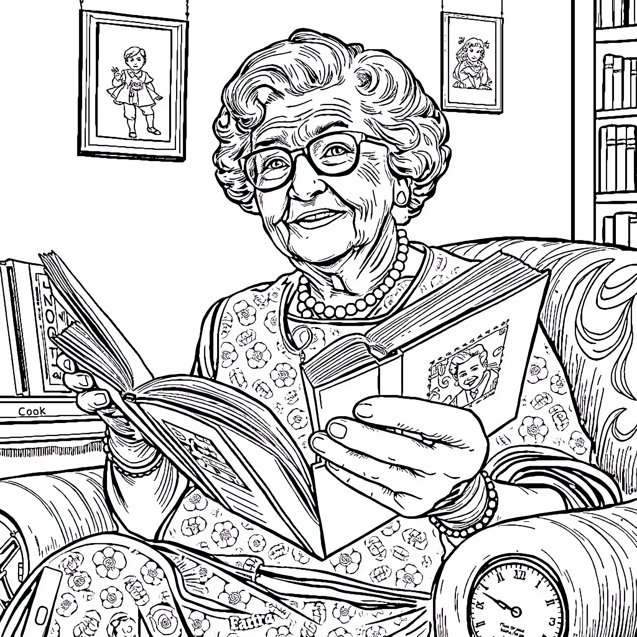 Grandma reading a book in her cozy home Coloring Page (free black-and-white line drawing printable PDF for all, from beginners to advanced learners, including children, teens, adults, and seniors)
