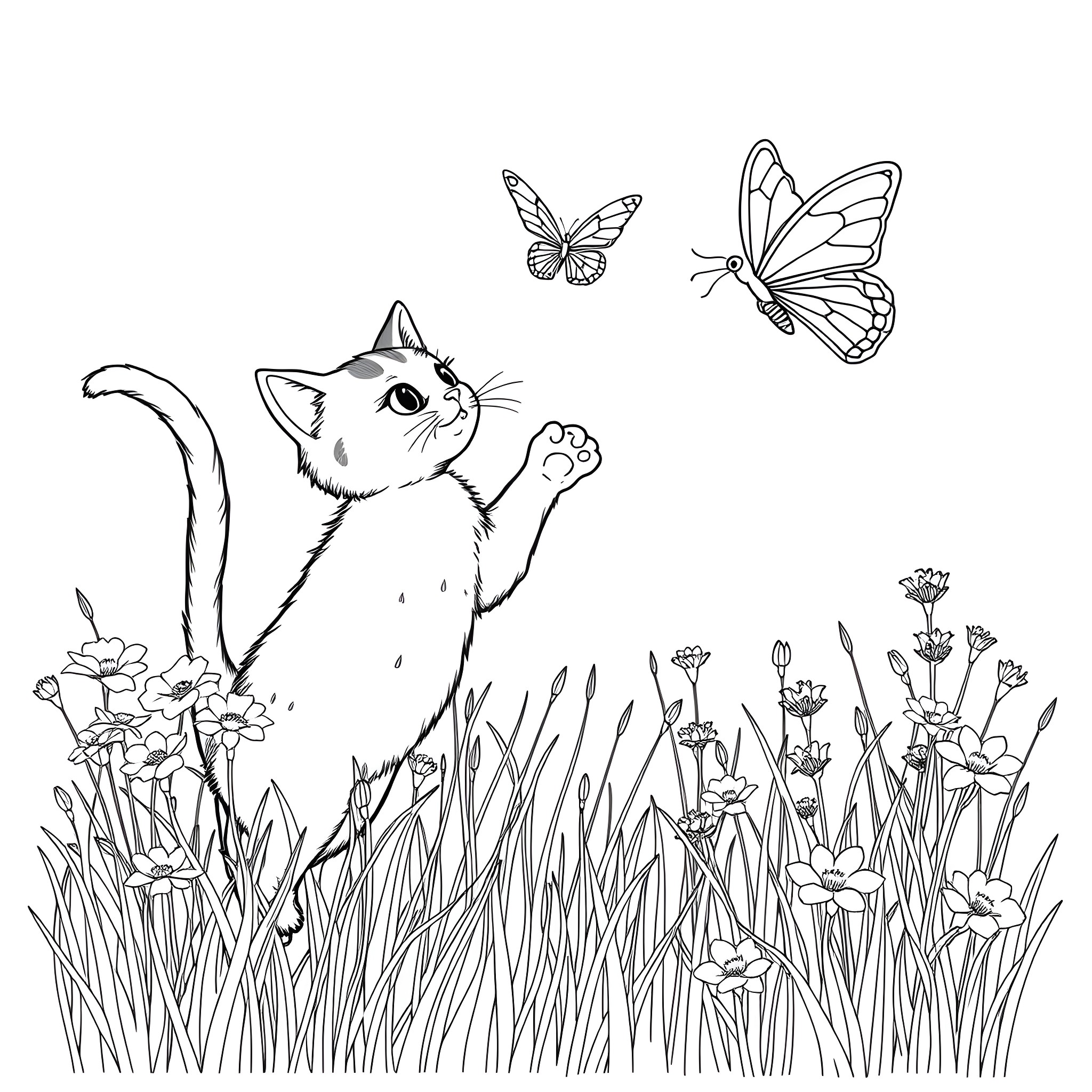 Cat exploring enchanting floral garden with butterflies Coloring Page (free black-and-white line drawing printable PDF for all, from beginners to advanced learners, including children, teens, adults, and seniors)