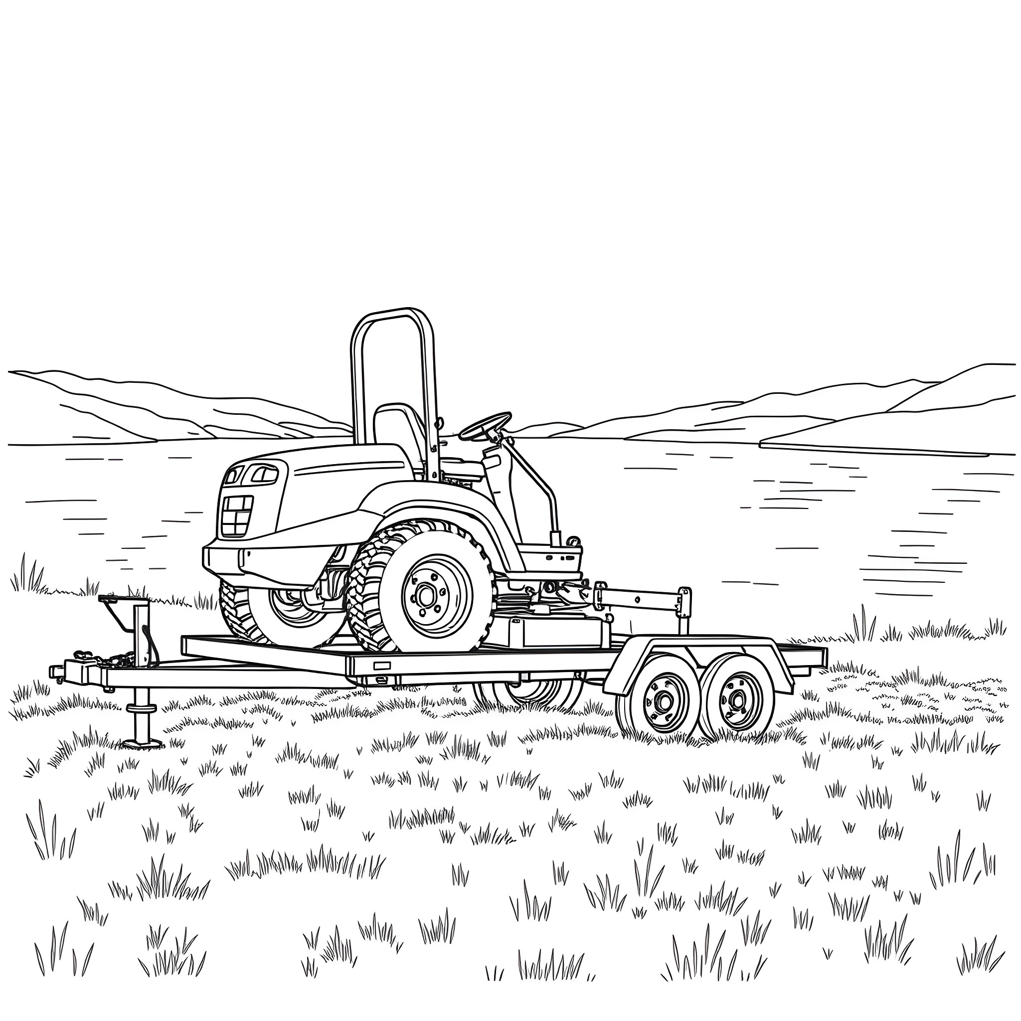 Mower cutting grass in a rural landscape Coloring Page (free black-and-white line drawing printable PDF for all, from beginners to advanced learners, including children, teens, adults, and seniors)