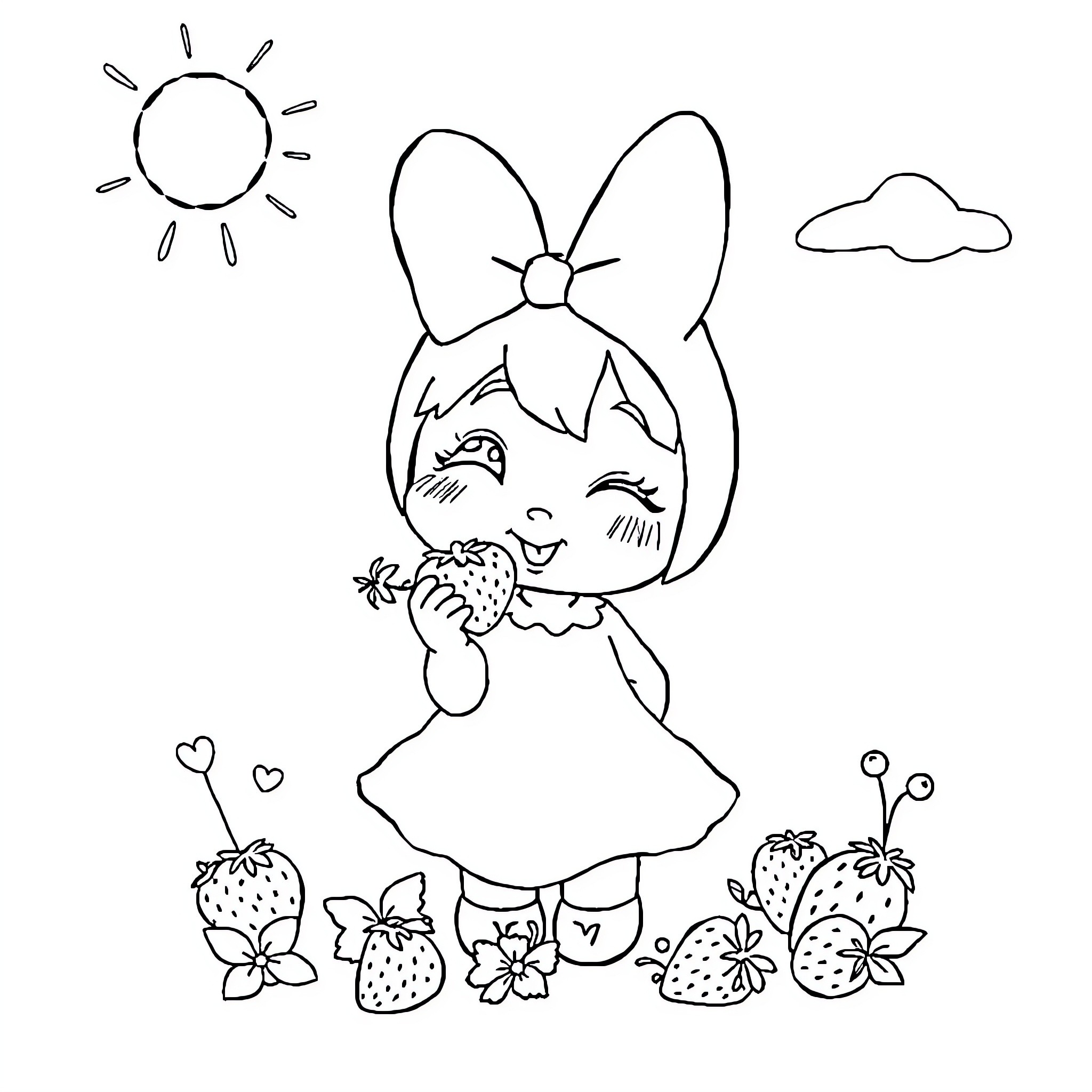 My Melody Picking Strawberries in a Sunny Field Coloring Page (free black-and-white line drawing printable PDF for all, from beginners to advanced learners, including children, teens, adults, and seniors)