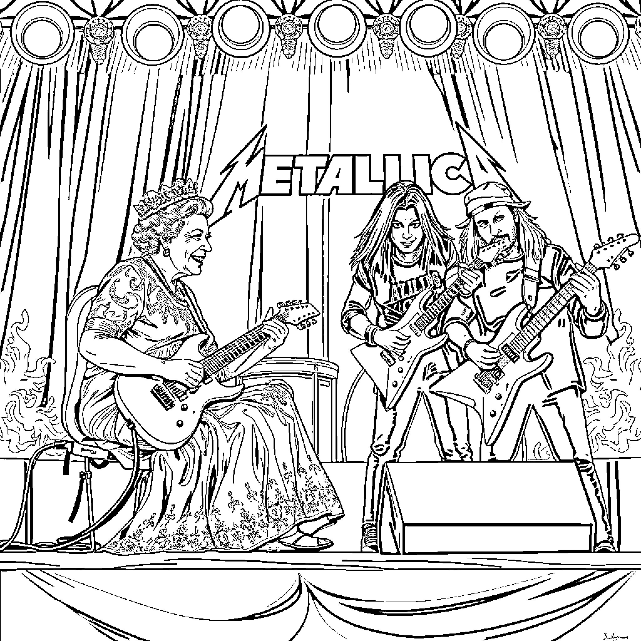 Queen Metalica Performing on Stage Coloring Page (free black-and-white line drawing printable PDF for all, from beginners to advanced learners, including children, teens, adults, and seniors)