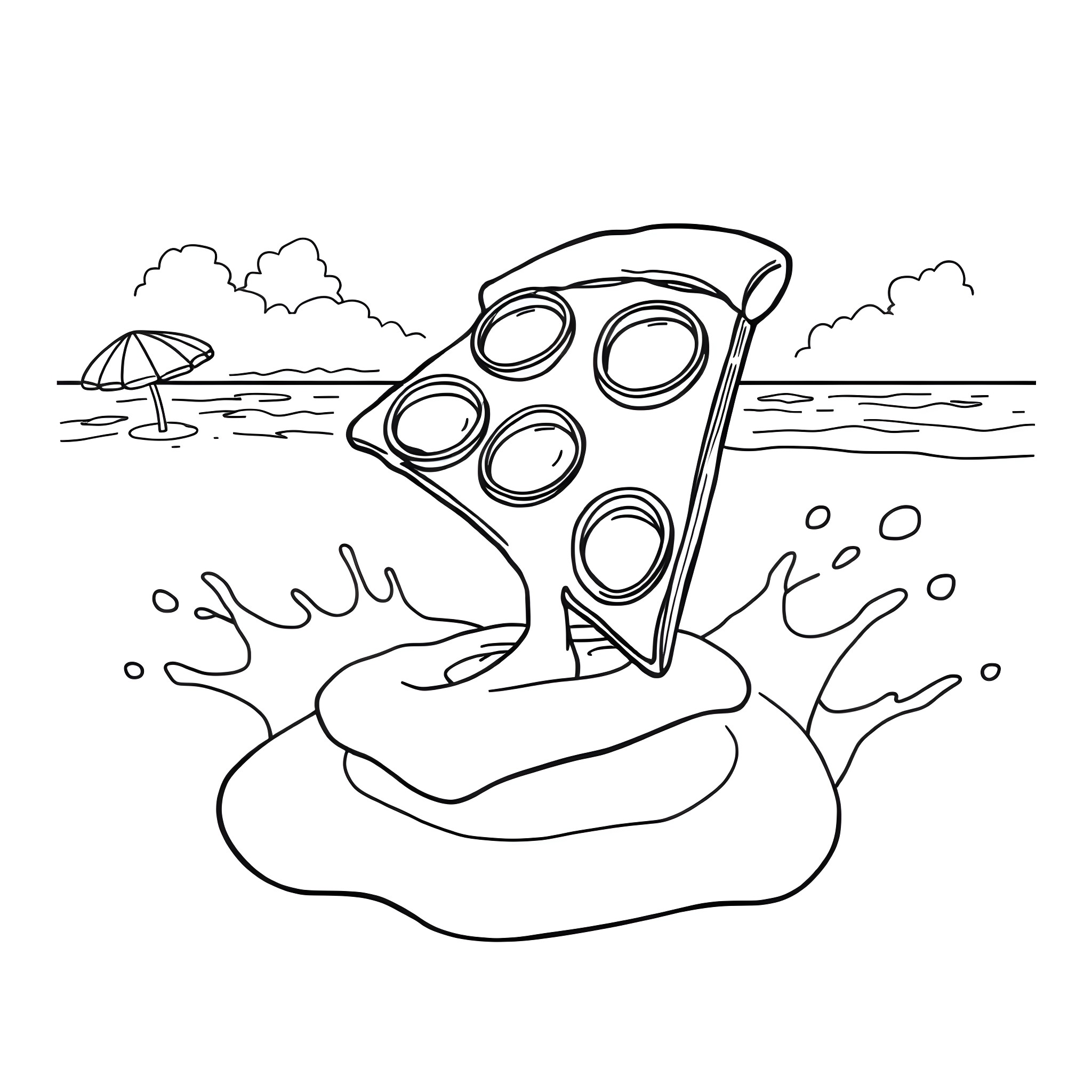 Pizza floating in a pool on a beach Coloring Page (free black-and-white line drawing printable PDF for all, from beginners to advanced learners, including children, teens, adults, and seniors)
