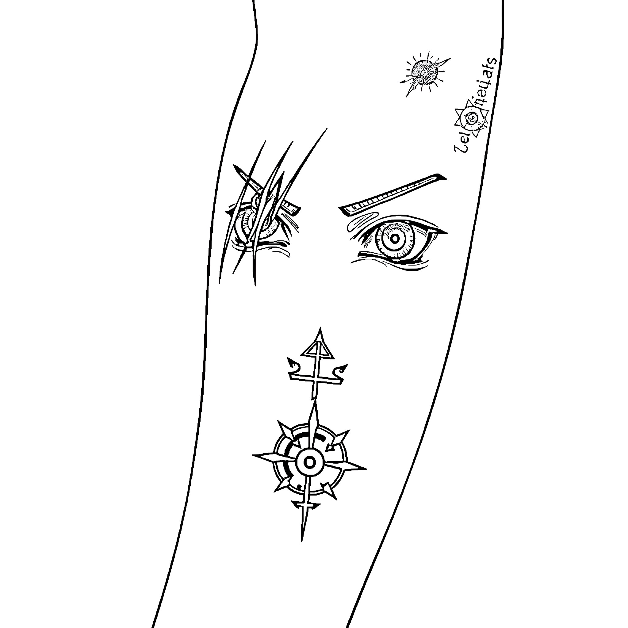 Itachi's Mystical Eye and Symbol Tattoo Design Coloring Page (free black-and-white line drawing printable PDF for all, from beginners to advanced learners, including children, teens, adults, and seniors)