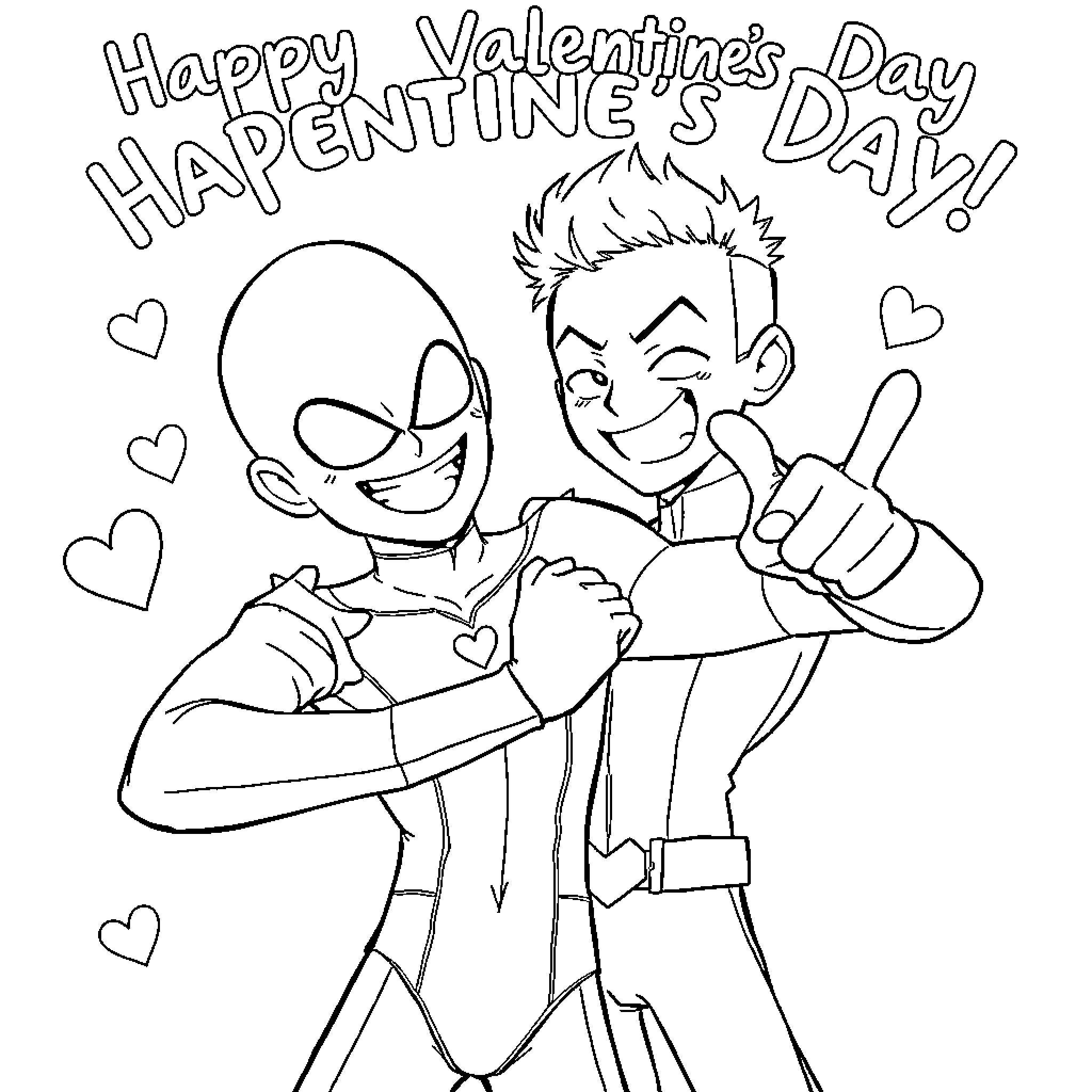 Saitama's Cheerful Valentine's Day Coloring Page (free black-and-white line drawing printable PDF for all, from beginners to advanced learners, including children, teens, adults, and seniors)