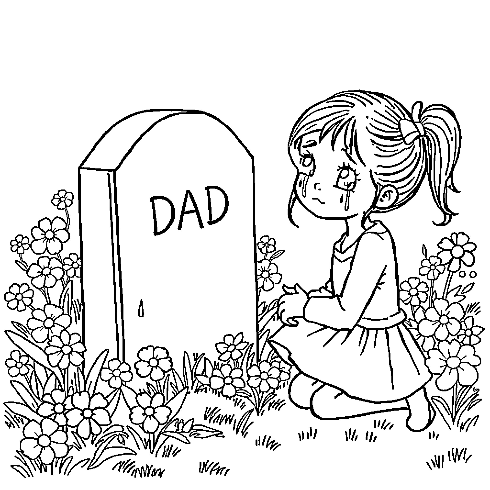 Girl visiting father's grave with flowers Coloring Page (free black-and-white line drawing printable PDF for all, from beginners to advanced learners, including children, teens, adults, and seniors)