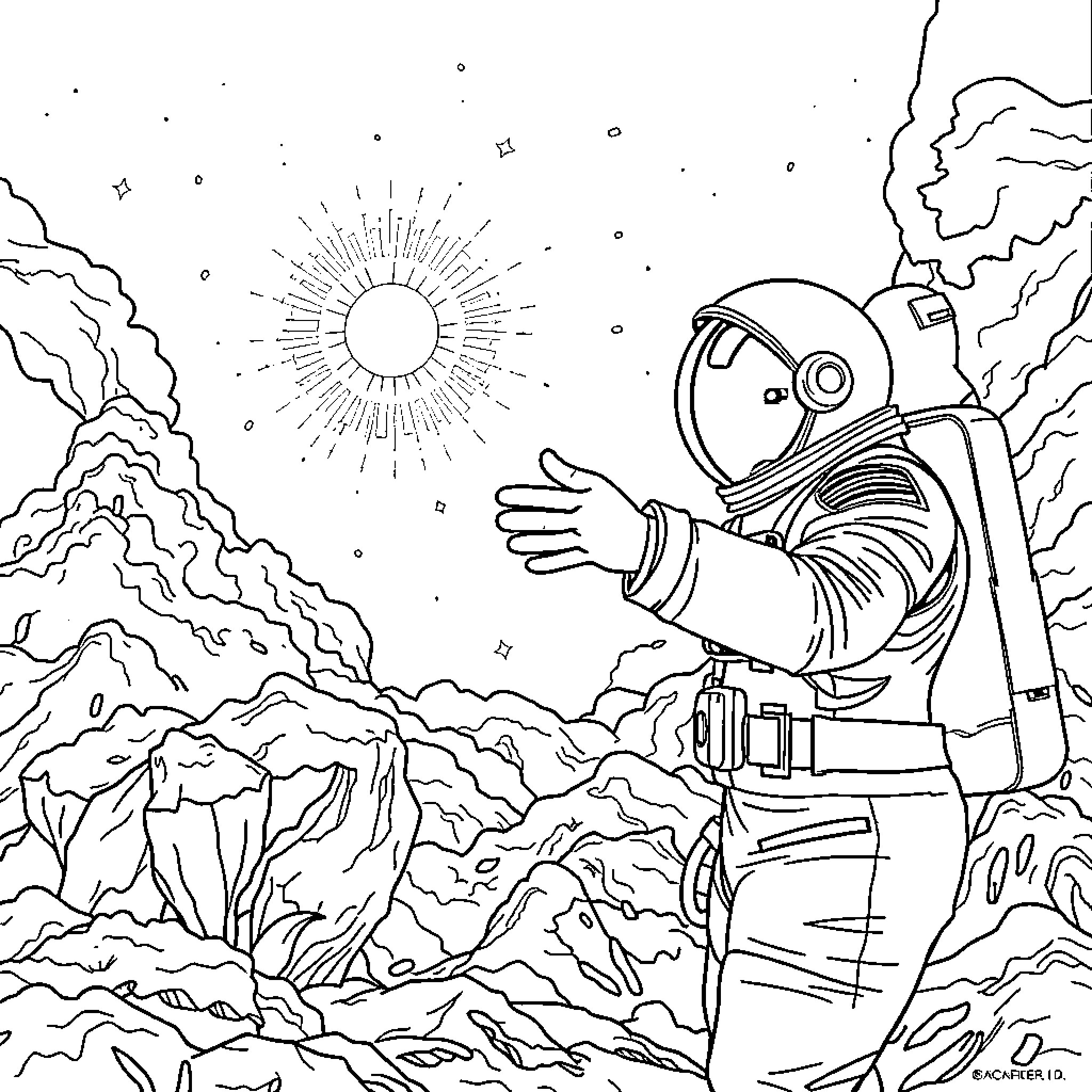 Astronaut exploring the rugged alien landscape Coloring Page (free black-and-white line drawing printable PDF for all, from beginners to advanced learners, including children, teens, adults, and seniors)