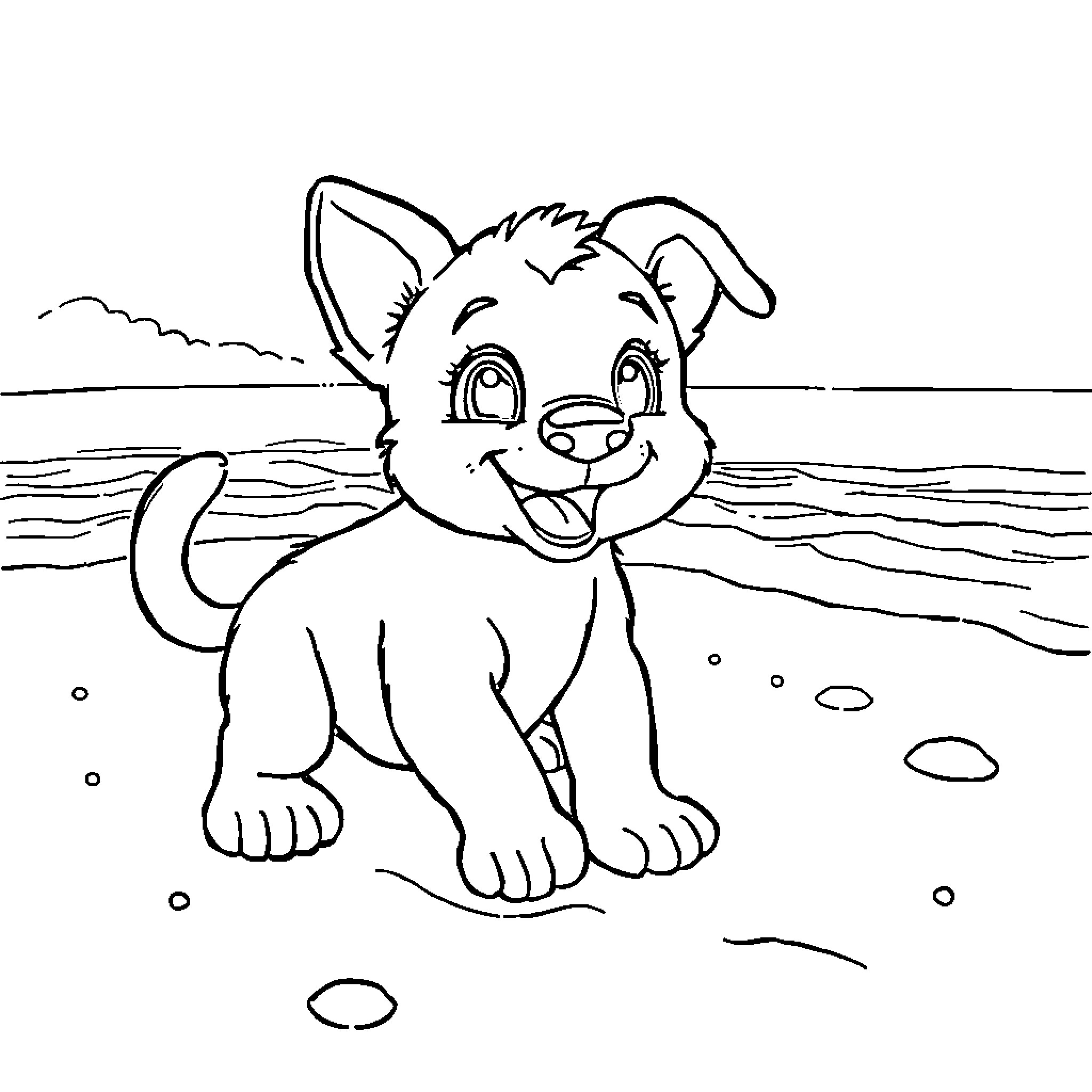 Bluey playing happily on the beach Coloring Page (free black-and-white line drawing printable PDF for all, from beginners to advanced learners, including children, teens, adults, and seniors)