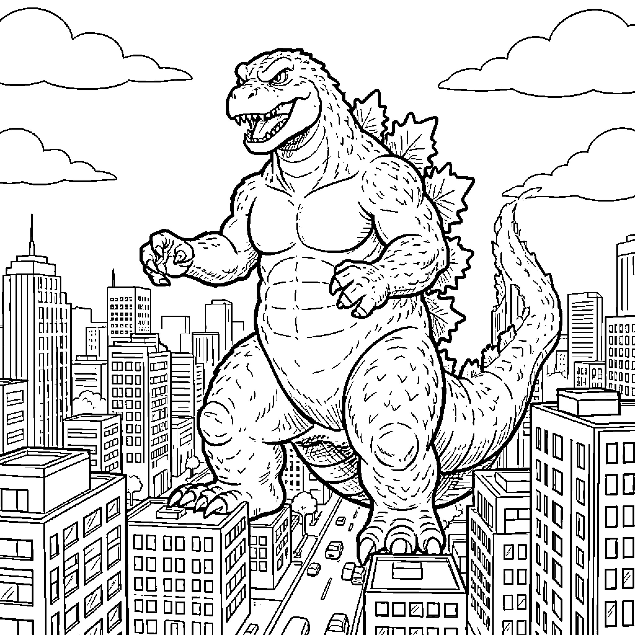 Godzilla rampaging through a city skyline Coloring Page (free black-and-white line drawing printable PDF for all, from beginners to advanced learners, including children, teens, adults, and seniors)