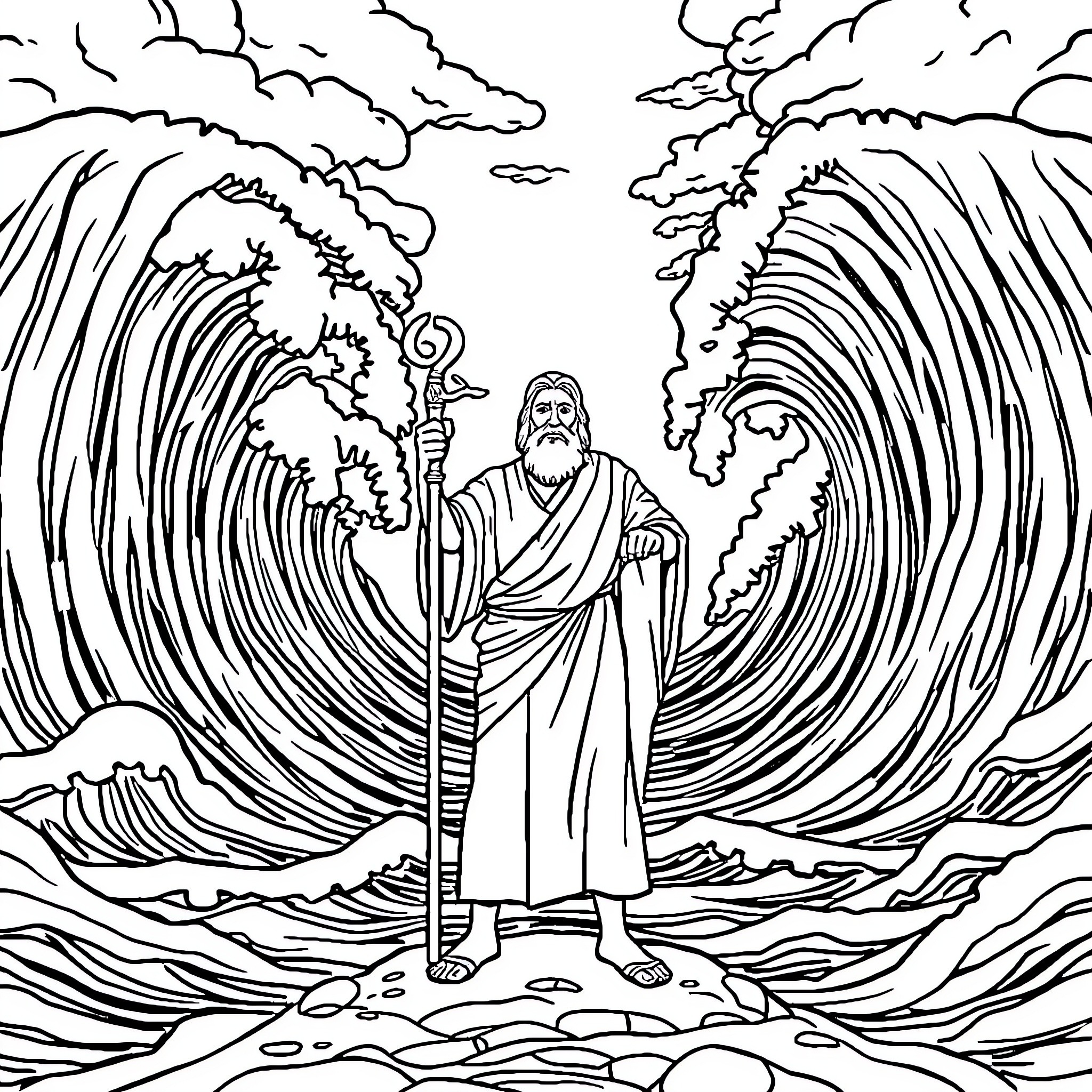 Moses Parting the Waves of the Sea Coloring Page (free black-and-white line drawing printable PDF for all, from beginners to advanced learners, including children, teens, adults, and seniors)