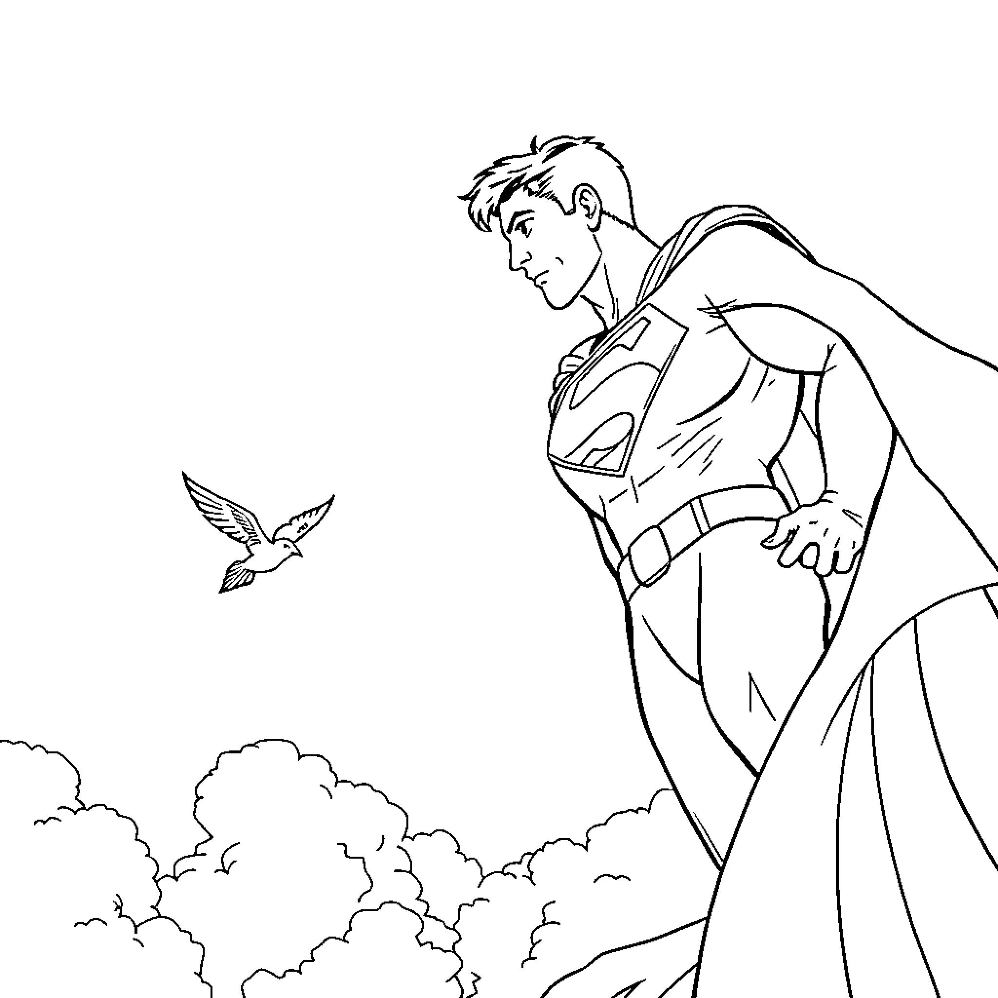 Superman's heroic stance against a cloudy sky Coloring Page (free black-and-white line drawing printable PDF for all, from beginners to advanced learners, including children, teens, adults, and seniors)