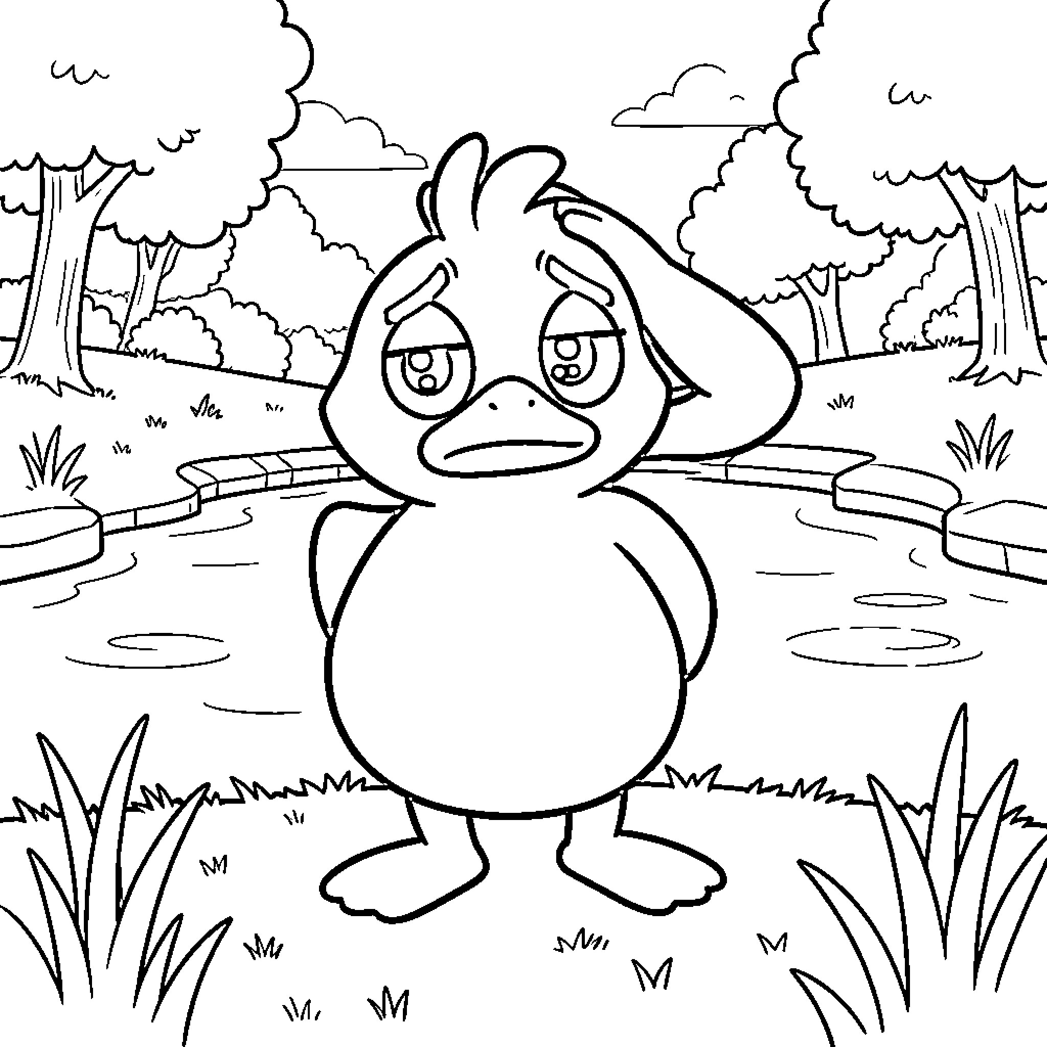 Psyduck's Puzzled Contemplation in the Peaceful Pond Coloring Page (free black-and-white line drawing printable PDF for all, from beginners to advanced learners, including children, teens, adults, and seniors)