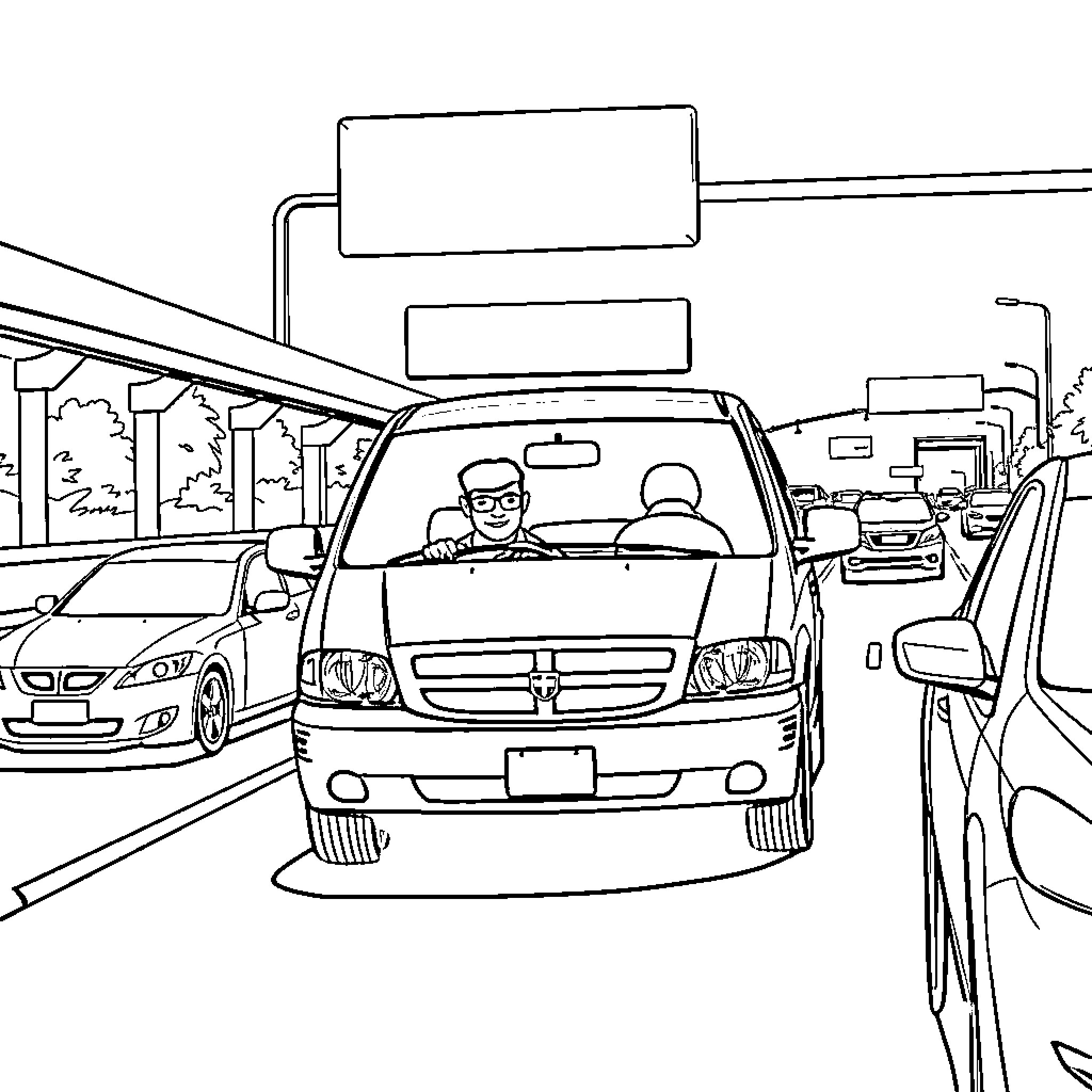 Man driving car on city street Coloring Page (free black-and-white line drawing printable PDF for all, from beginners to advanced learners, including children, teens, adults, and seniors)