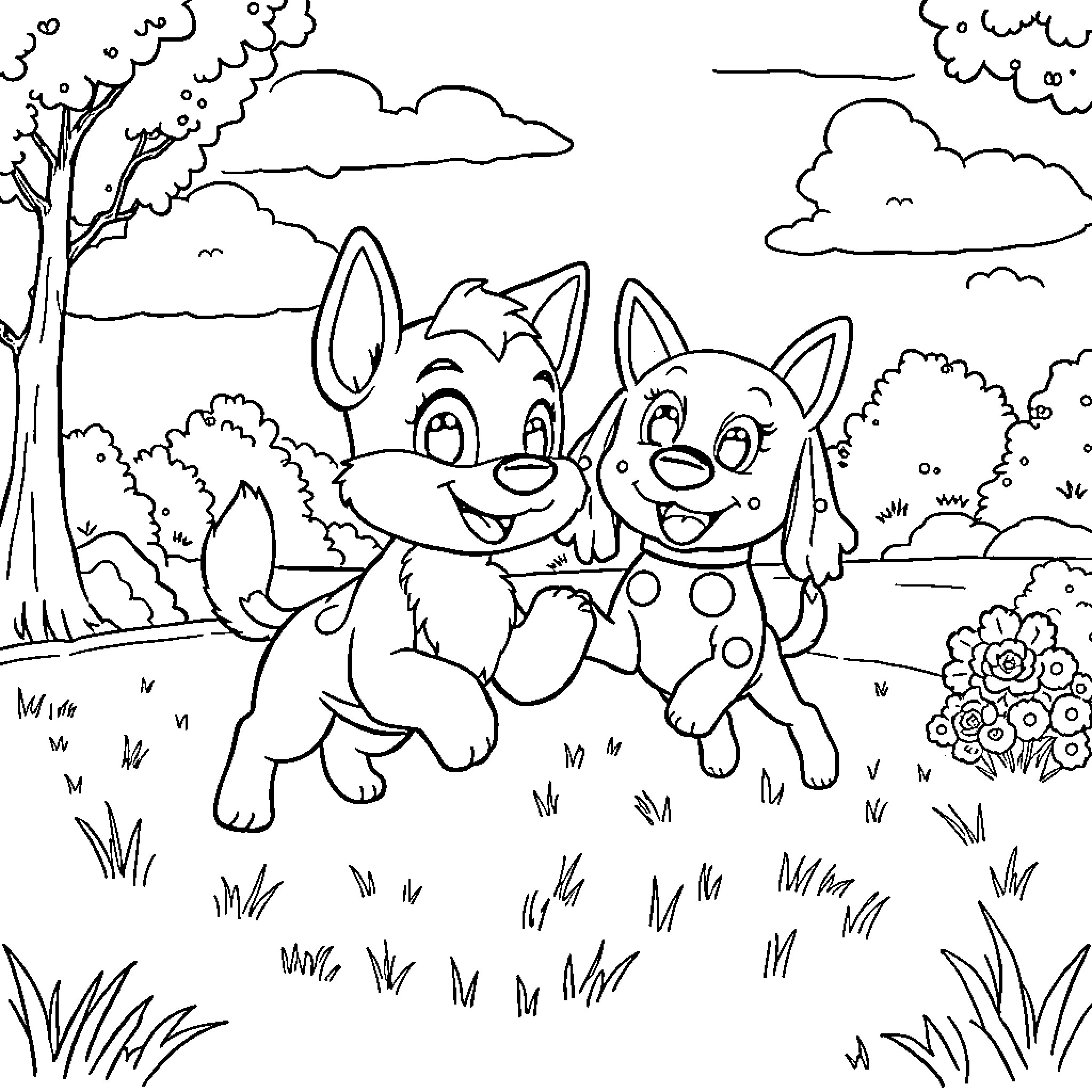 Bluey and Bingo's Outdoor Adventure Coloring Page (free black-and-white line drawing printable PDF for all, from beginners to advanced learners, including children, teens, adults, and seniors)